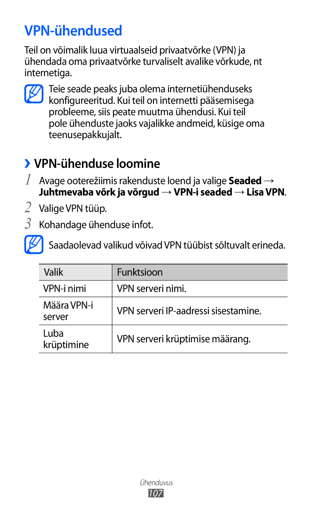 Samsung GT-S6500ZYDSEB, GT-S6500RWDSEB manual VPN-ühendused, ››VPN-ühenduse loomine 