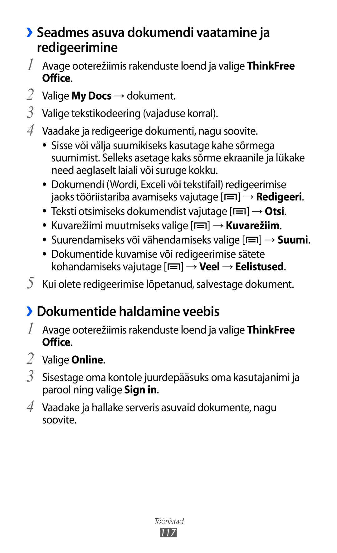 Samsung GT-S6500ZYDSEB manual ››Seadmes asuva dokumendi vaatamine ja redigeerimine, ››Dokumentide haldamine veebis, 117 