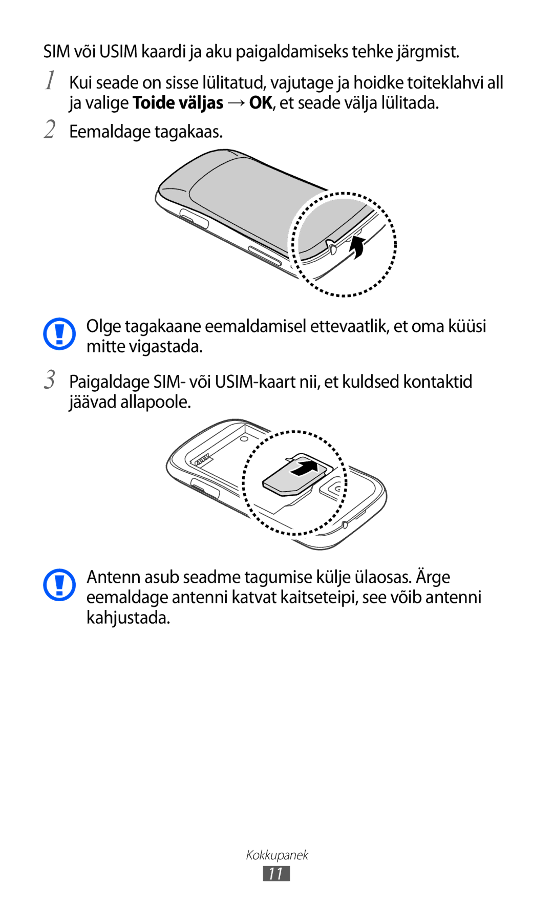 Samsung GT-S6500ZYDSEB, GT-S6500RWDSEB manual SIM või Usim kaardi ja aku paigaldamiseks tehke järgmist 