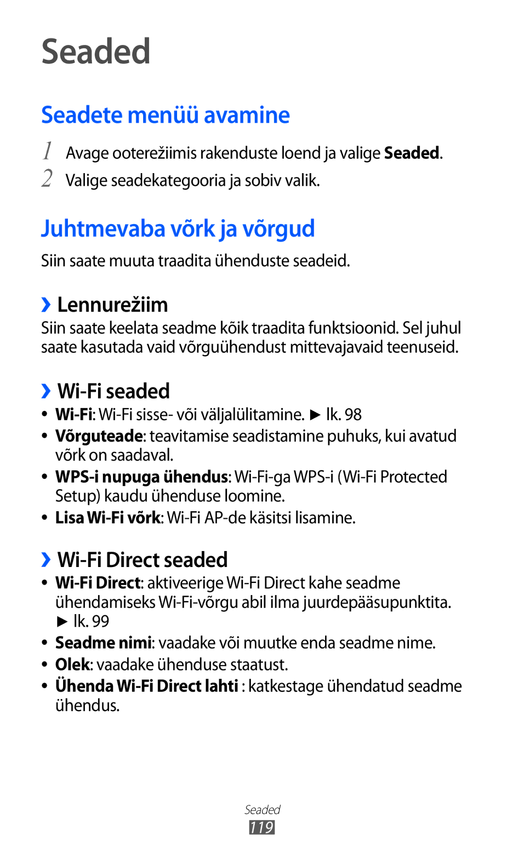 Samsung GT-S6500ZYDSEB, GT-S6500RWDSEB manual Seaded, Seadete menüü avamine, Juhtmevaba võrk ja võrgud 