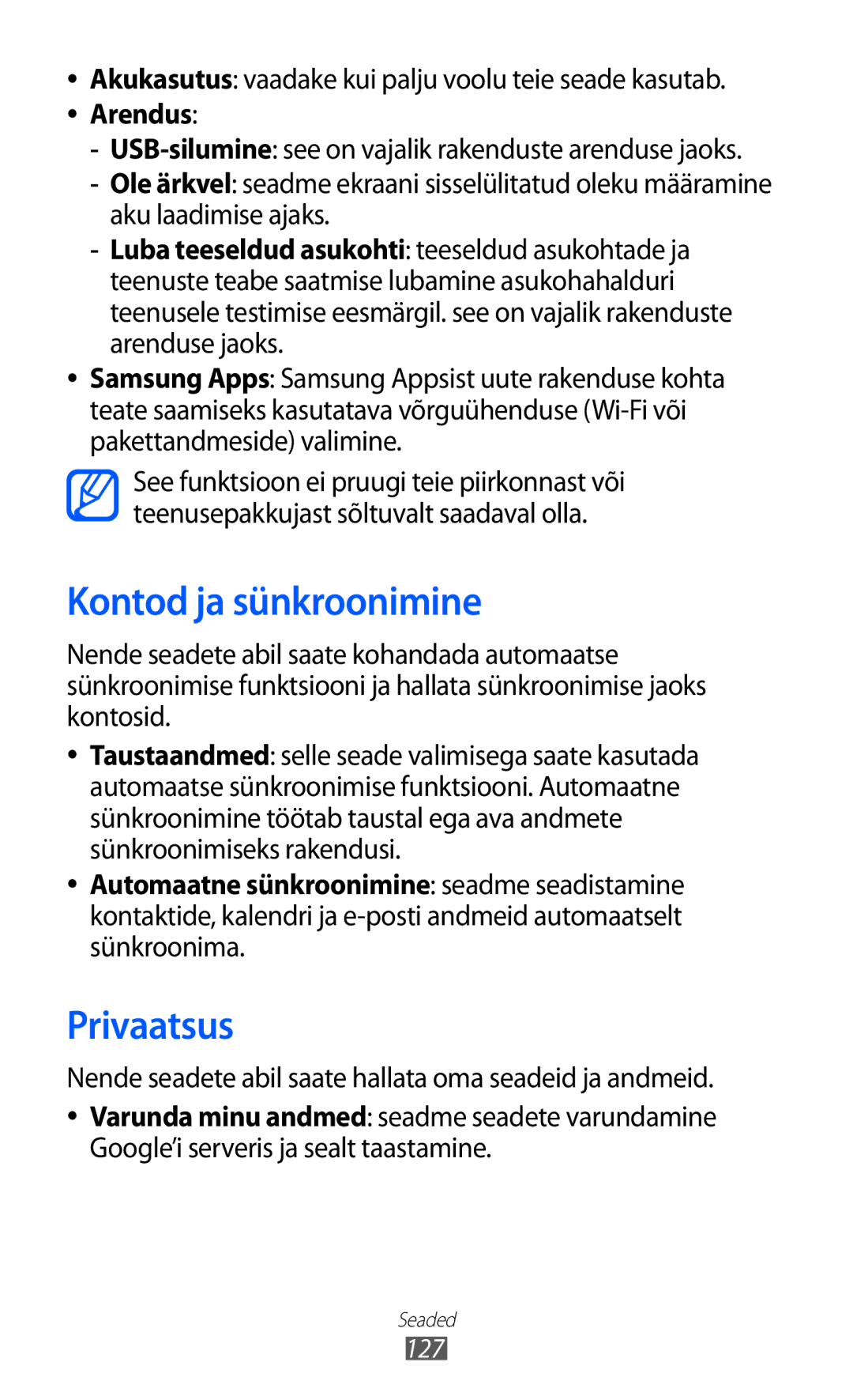 Samsung GT-S6500ZYDSEB Kontod ja sünkroonimine, Privaatsus, Nende seadete abil saate hallata oma seadeid ja andmeid, 127 