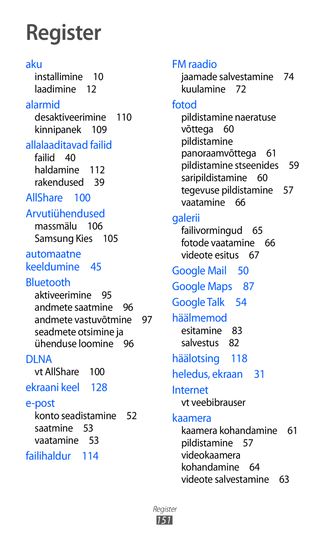 Samsung GT-S6500ZYDSEB, GT-S6500RWDSEB manual Register, 151 