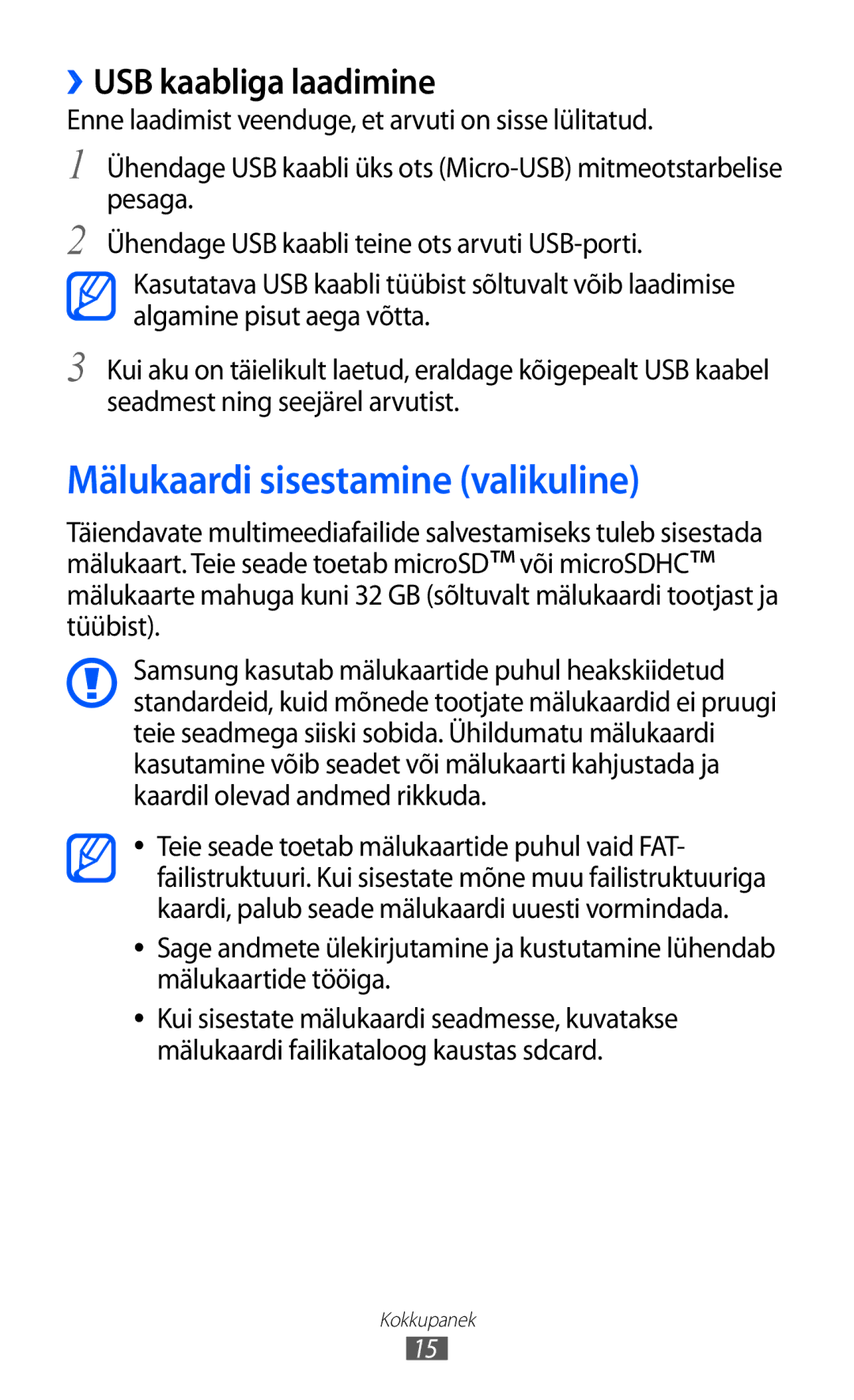 Samsung GT-S6500ZYDSEB, GT-S6500RWDSEB manual Mälukaardi sisestamine valikuline, ››USB kaabliga laadimine 