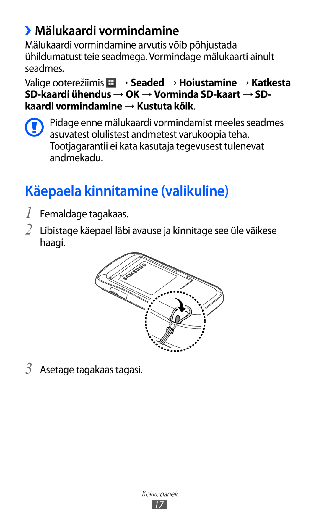 Samsung GT-S6500ZYDSEB, GT-S6500RWDSEB manual Käepaela kinnitamine valikuline, ››Mälukaardi vormindamine 