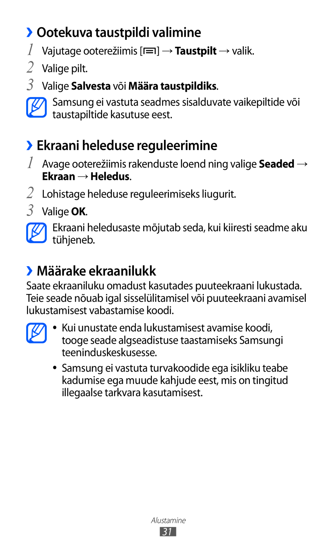 Samsung GT-S6500ZYDSEB manual ››Ootekuva taustpildi valimine, ››Ekraani heleduse reguleerimine, ››Määrake ekraanilukk 