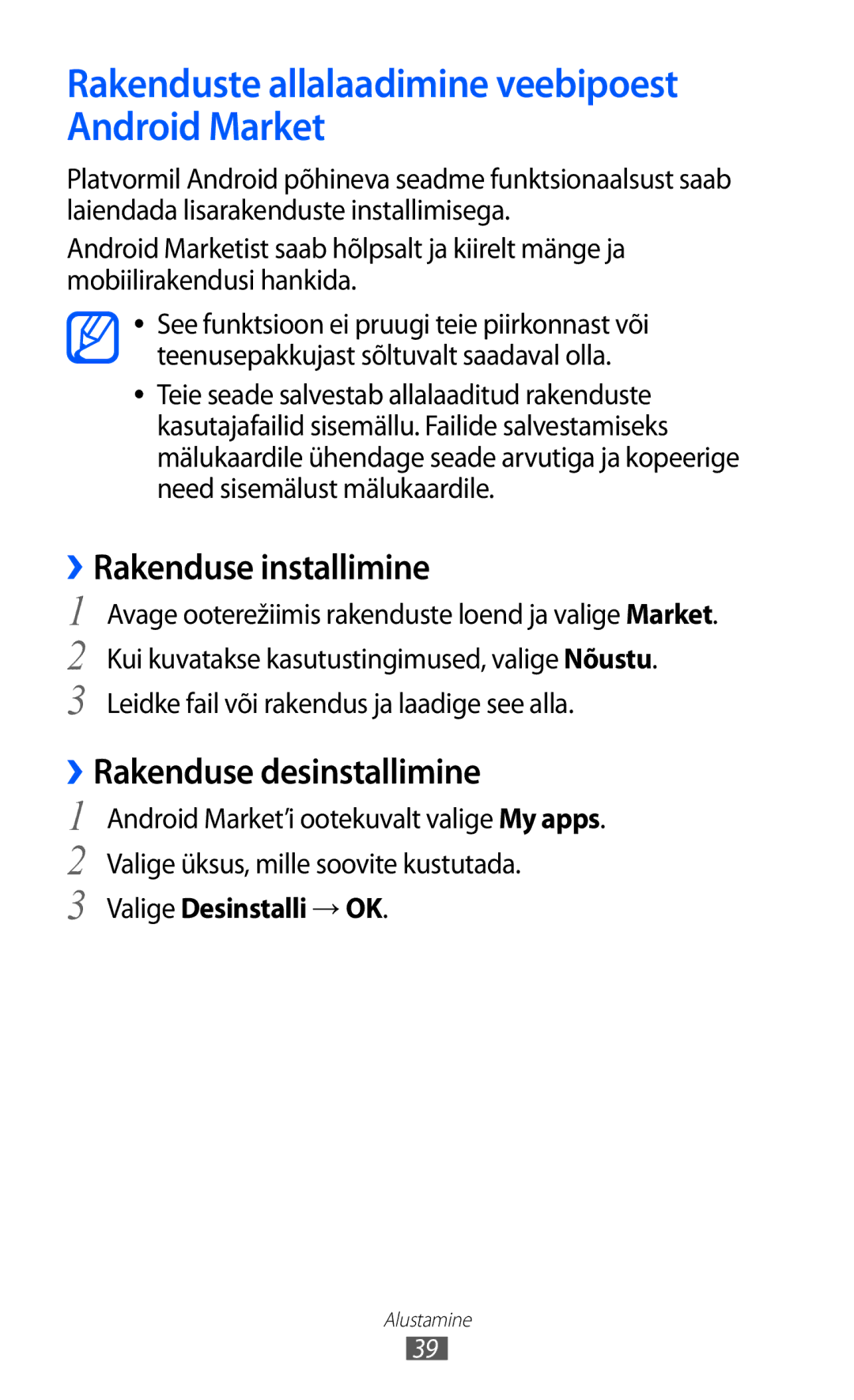 Samsung GT-S6500ZYDSEB, GT-S6500RWDSEB manual Rakenduste allalaadimine veebipoest Android Market, ››Rakenduse installimine 