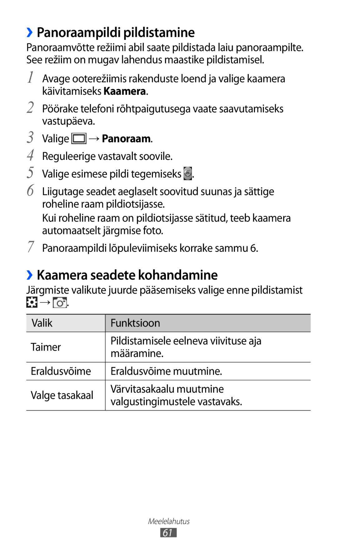 Samsung GT-S6500ZYDSEB, GT-S6500RWDSEB manual ››Panoraampildi pildistamine, ››Kaamera seadete kohandamine 