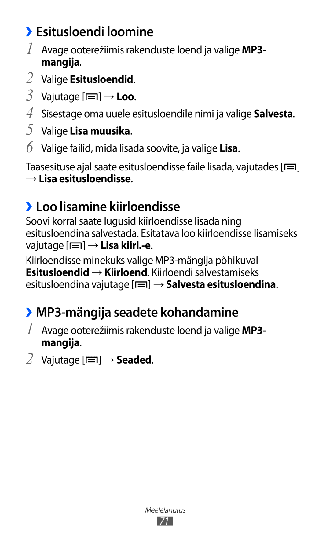 Samsung GT-S6500ZYDSEB manual ››Esitusloendi loomine, ››Loo lisamine kiirloendisse, ››MP3-mängija seadete kohandamine 