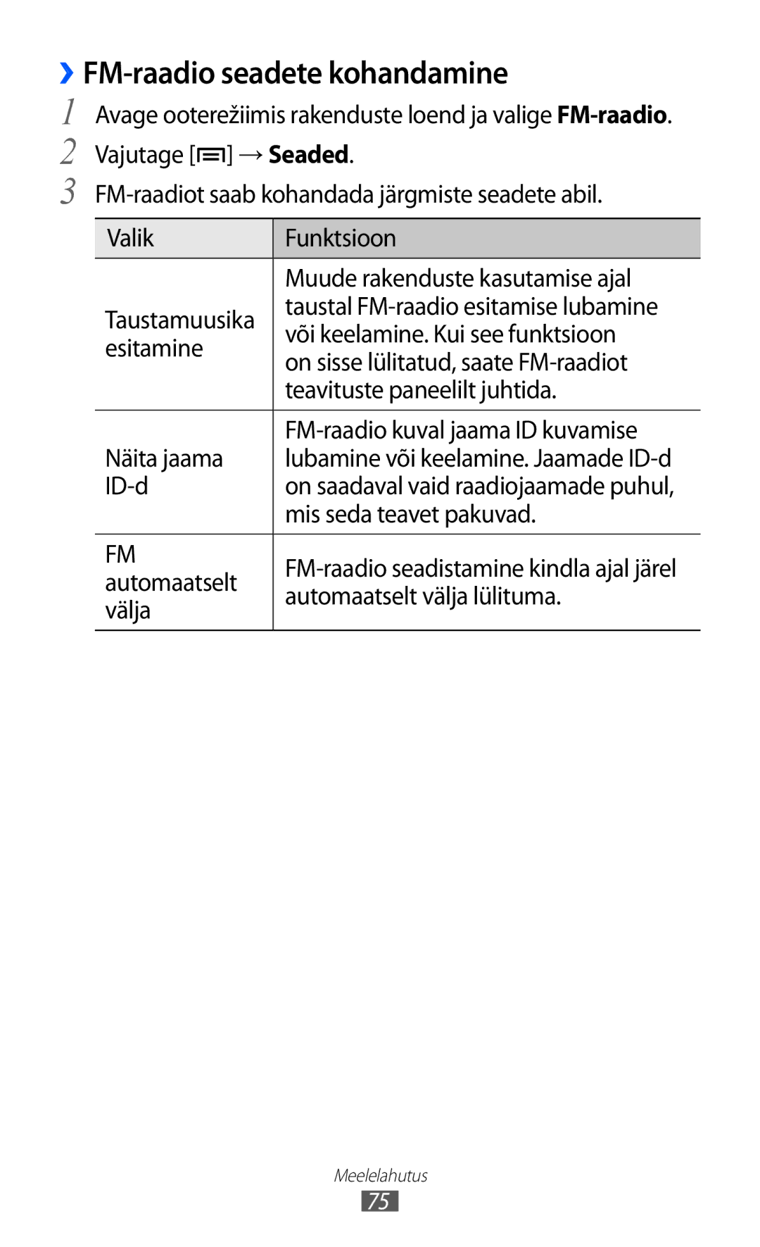 Samsung GT-S6500ZYDSEB, GT-S6500RWDSEB manual ››FM-raadio seadete kohandamine 