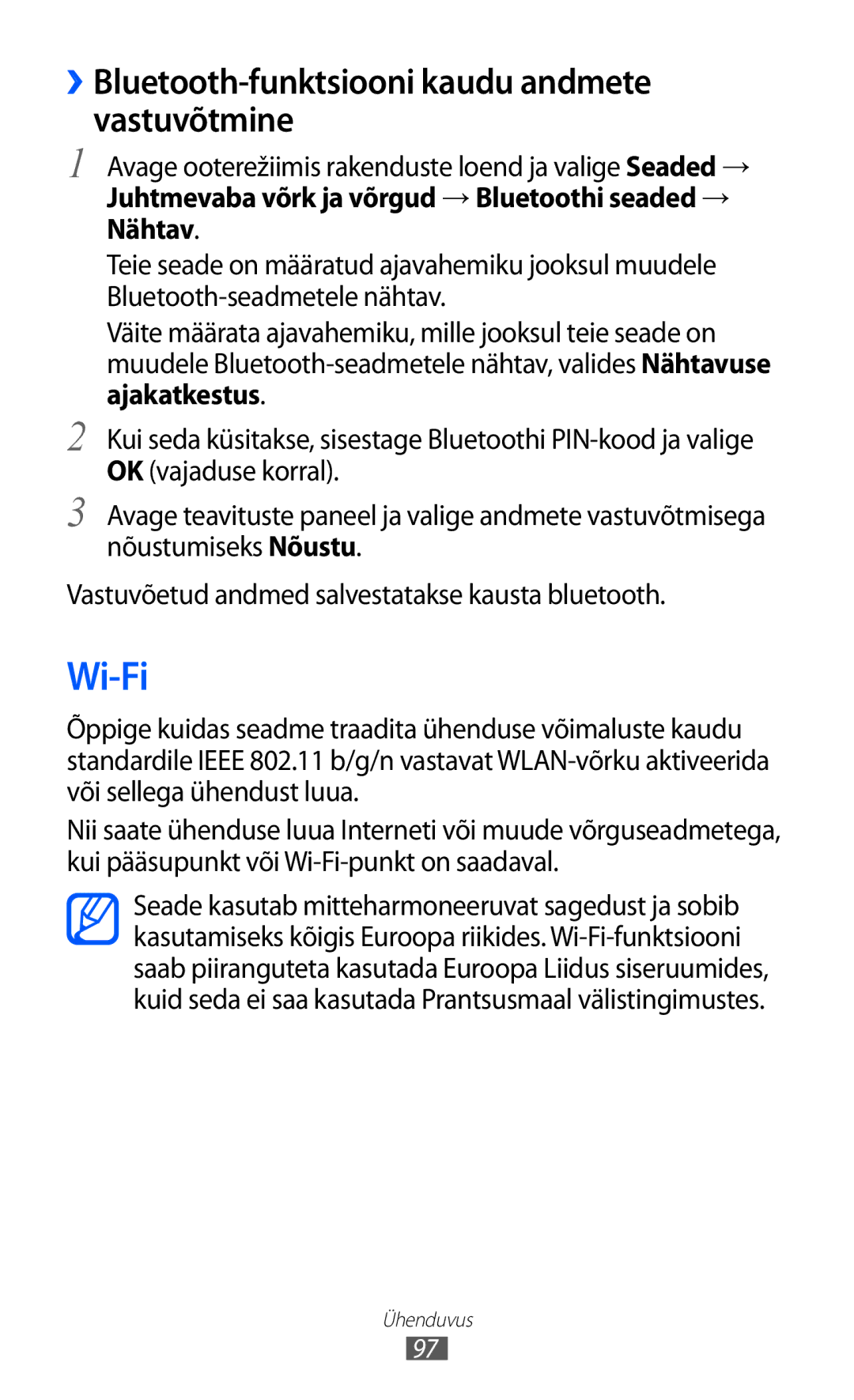 Samsung GT-S6500ZYDSEB, GT-S6500RWDSEB manual Wi-Fi, ››Bluetooth-funktsiooni kaudu andmete vastuvõtmine 