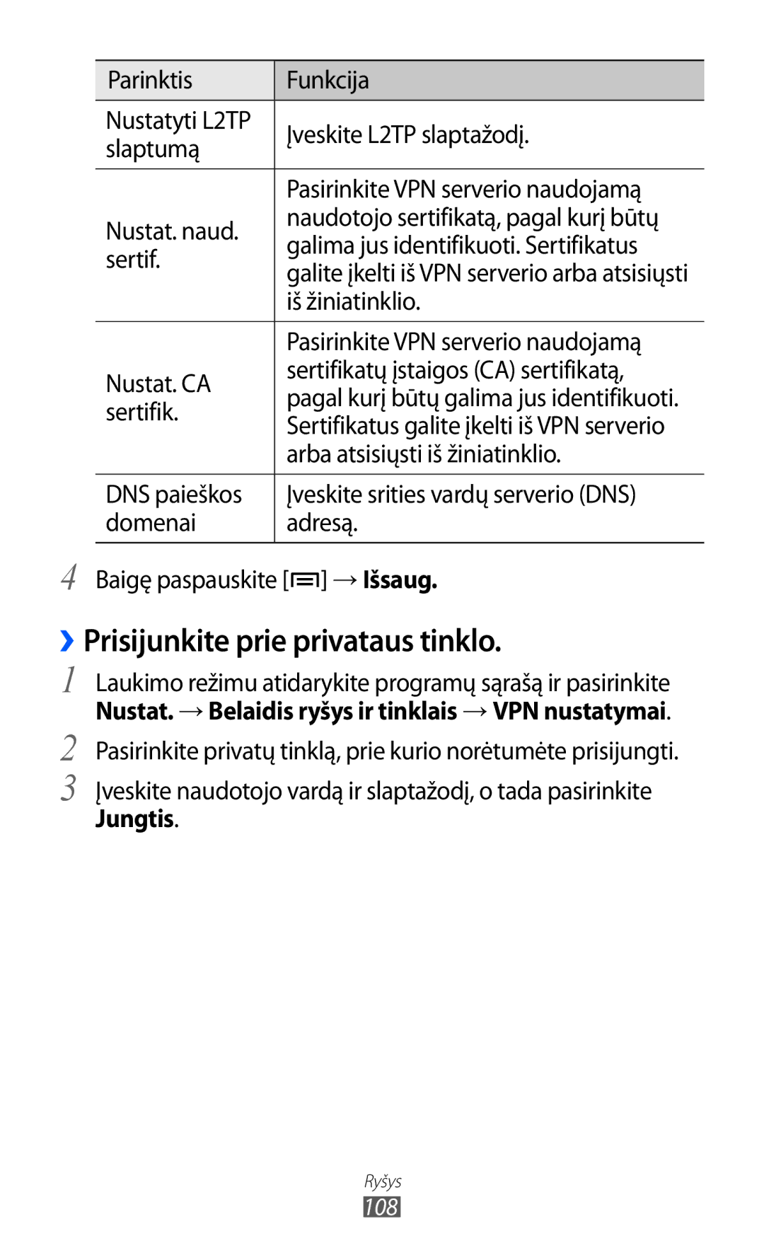 Samsung GT-S6500RWDSEB manual ››Prisijunkite prie privataus tinklo, Nustat. → Belaidis ryšys ir tinklais → VPN nustatymai 