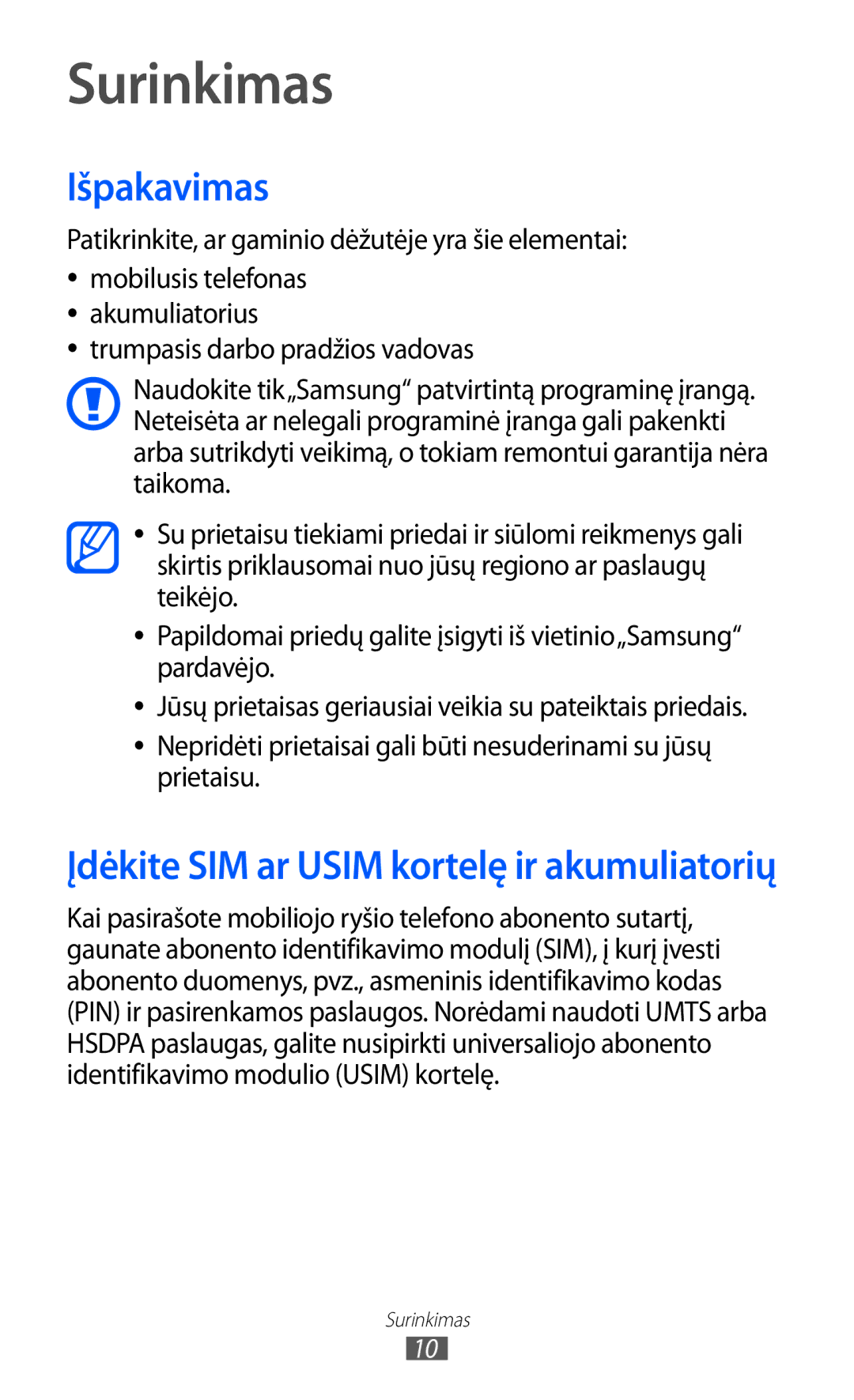 Samsung GT-S6500RWDSEB, GT-S6500ZYDSEB manual Surinkimas, Išpakavimas, Patikrinkite, ar gaminio dėžutėje yra šie elementai 