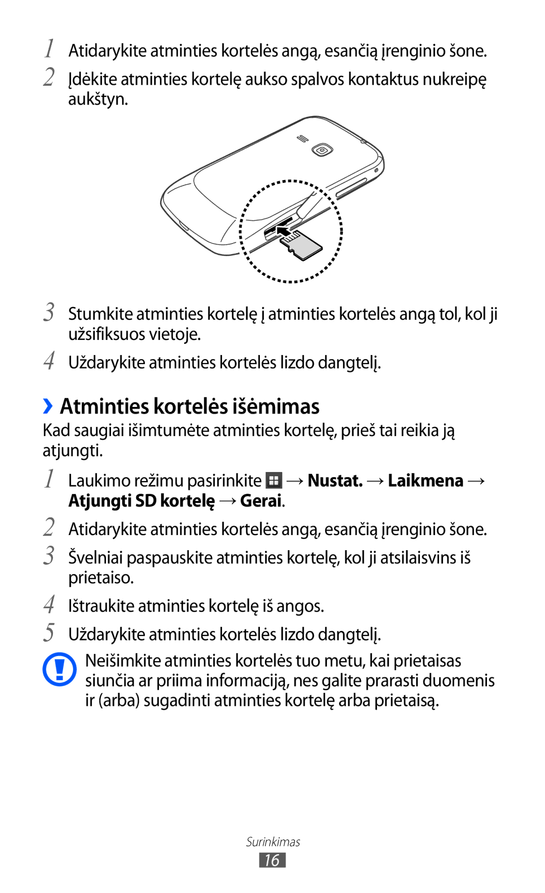 Samsung GT-S6500RWDSEB, GT-S6500ZYDSEB manual ››Atminties kortelės išėmimas, Atjungti SD kortelę → Gerai 