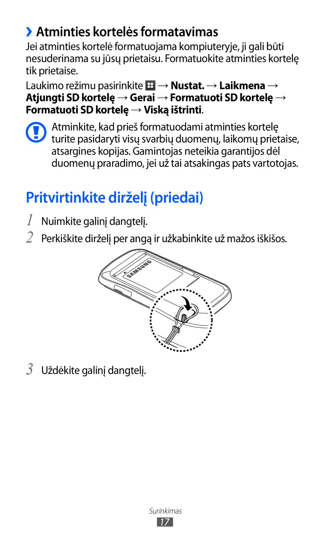 Samsung GT-S6500ZYDSEB, GT-S6500RWDSEB manual Pritvirtinkite dirželį priedai, ››Atminties kortelės formatavimas 