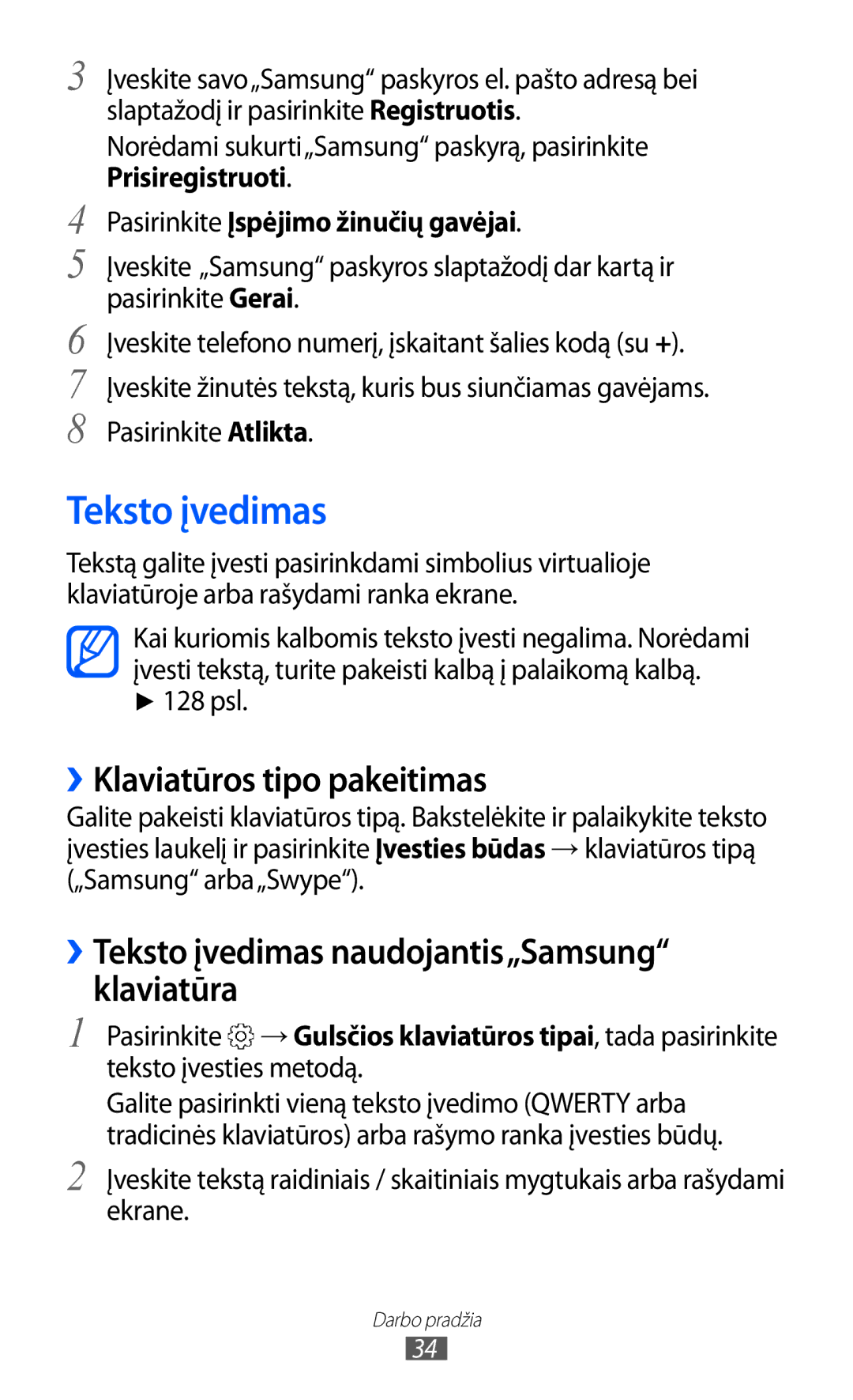 Samsung GT-S6500RWDSEB manual Teksto įvedimas, ››Klaviatūros tipo pakeitimas, Pasirinkite Įspėjimo žinučių gavėjai, 128 psl 