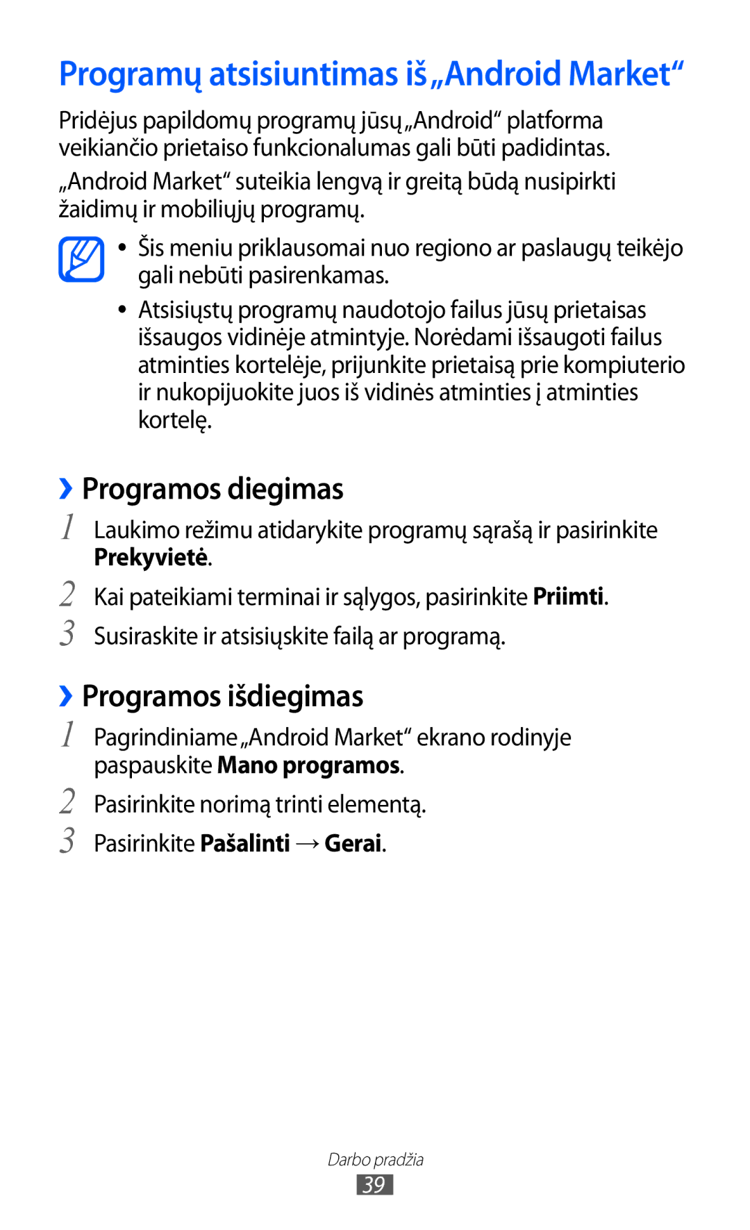 Samsung GT-S6500ZYDSEB, GT-S6500RWDSEB manual ››Programos diegimas, ››Programos išdiegimas, Paspauskite Mano programos 