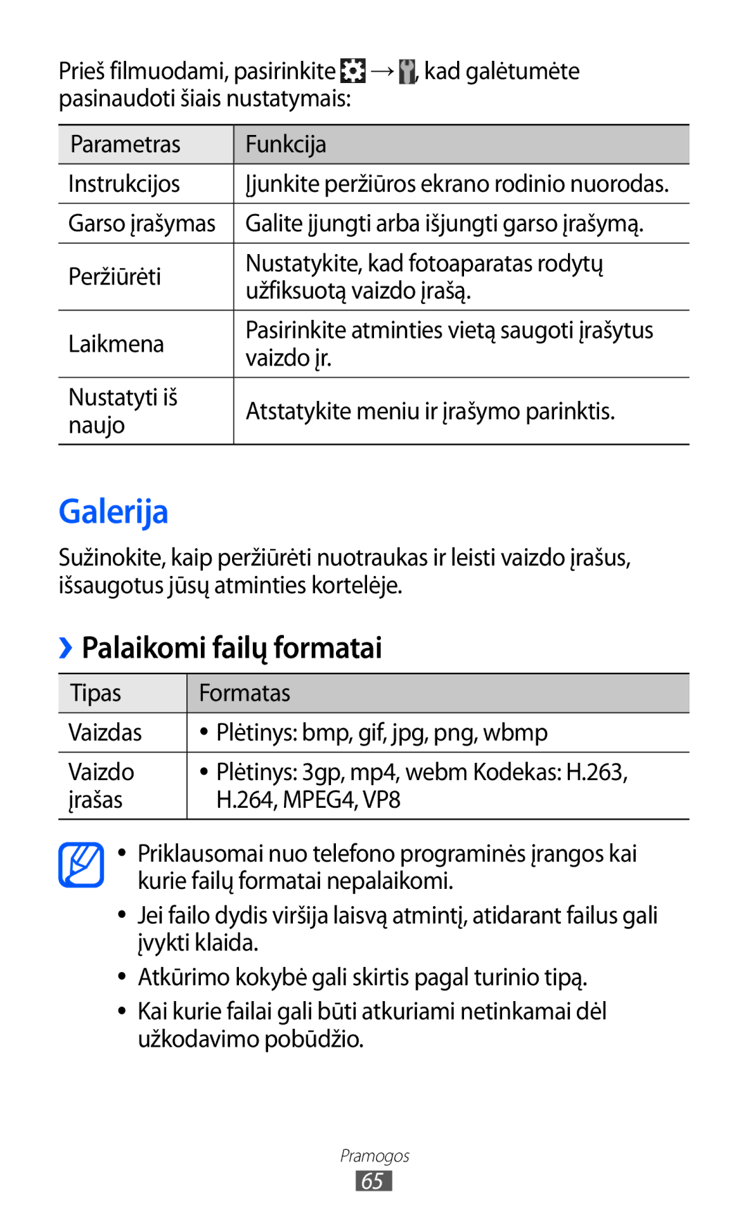 Samsung GT-S6500ZYDSEB, GT-S6500RWDSEB manual Galerija, Palaikomi failų formatai, Vaizdo įr 