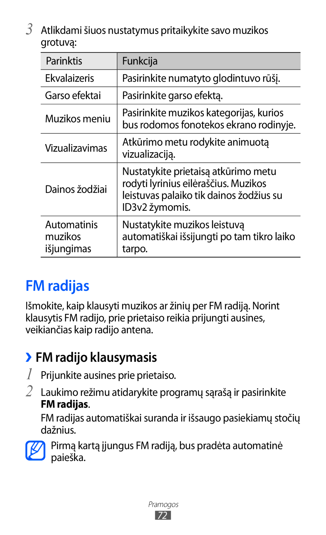 Samsung GT-S6500RWDSEB, GT-S6500ZYDSEB manual FM radijas, ››FM radijo klausymasis, ID3v2 žymomis, Išjungimas Tarpo 