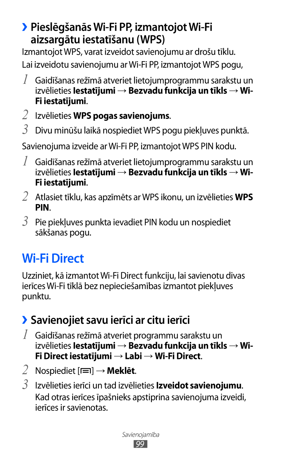 Samsung GT-S6500ZYDSEB manual ››Savienojiet savu ierīci ar citu ierīci, Fi Direct iestatījumi → Labi → Wi-Fi Direct 