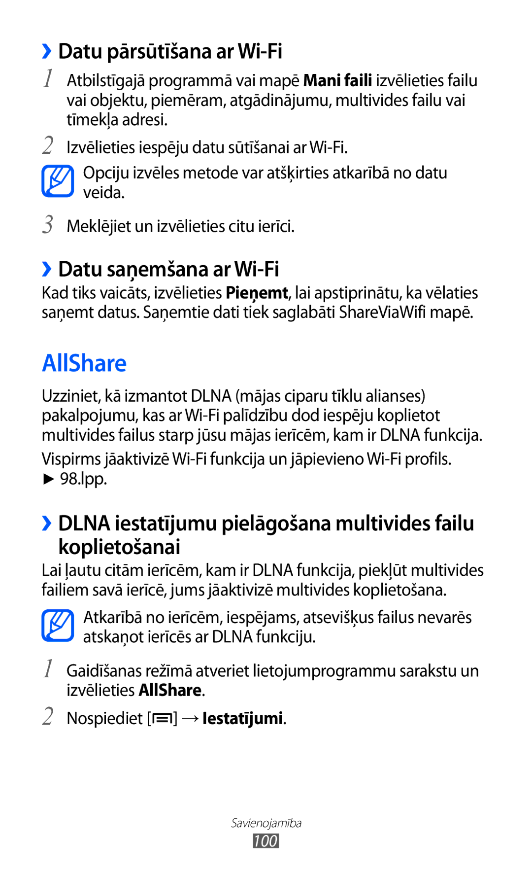 Samsung GT-S6500RWDSEB, GT-S6500ZYDSEB manual AllShare, ››Datu pārsūtīšana ar Wi-Fi, ››Datu saņemšana ar Wi-Fi, 100 