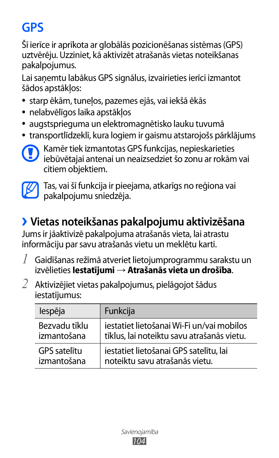 Samsung GT-S6500RWDSEB, GT-S6500ZYDSEB manual Izvēlieties Iestatījumi → Atrašanās vieta un drošība, Izmantošana, 104 