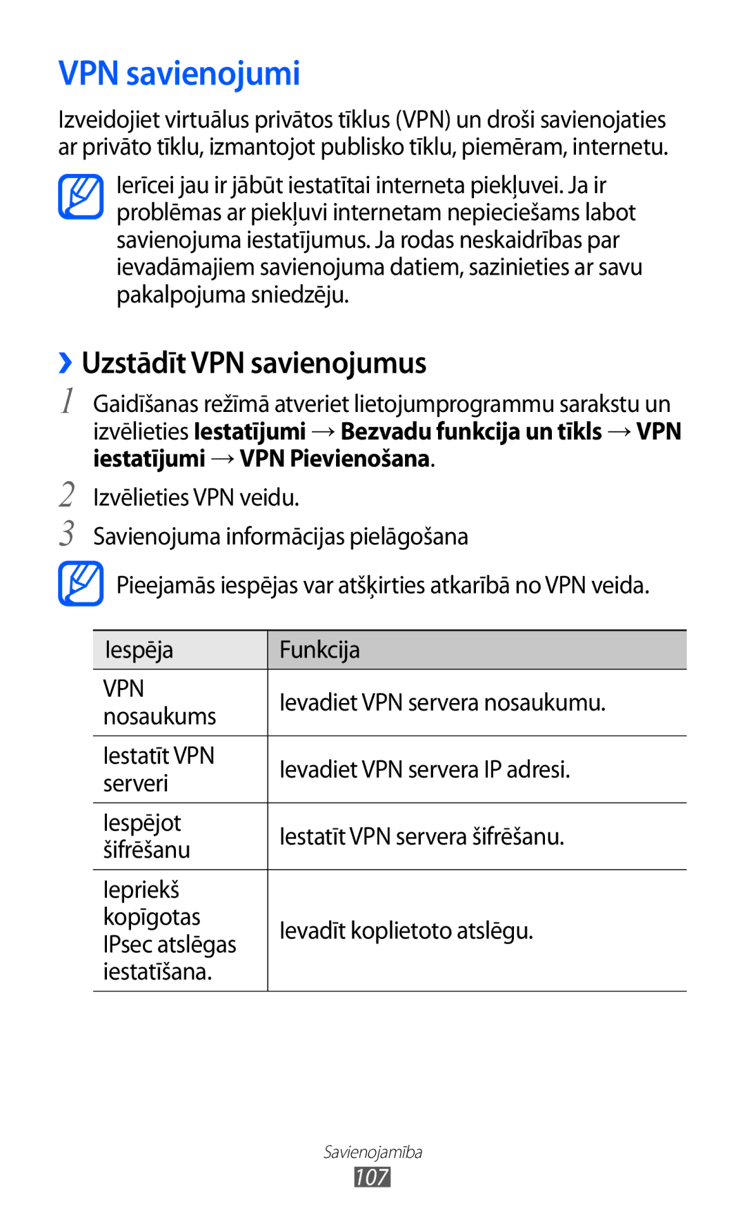 Samsung GT-S6500ZYDSEB manual VPN savienojumi, ››Uzstādīt VPN savienojumus, Ievadiet VPN servera nosaukumu, Nosaukums, 107 