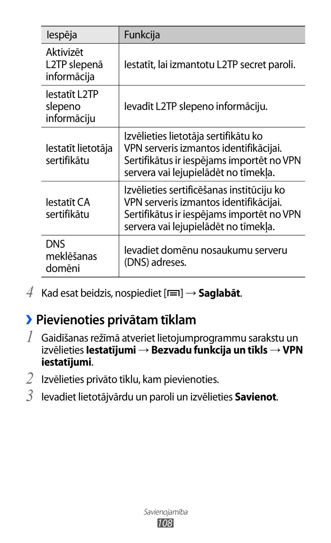 Samsung GT-S6500RWDSEB, GT-S6500ZYDSEB manual ››Pievienoties privātam tīklam 