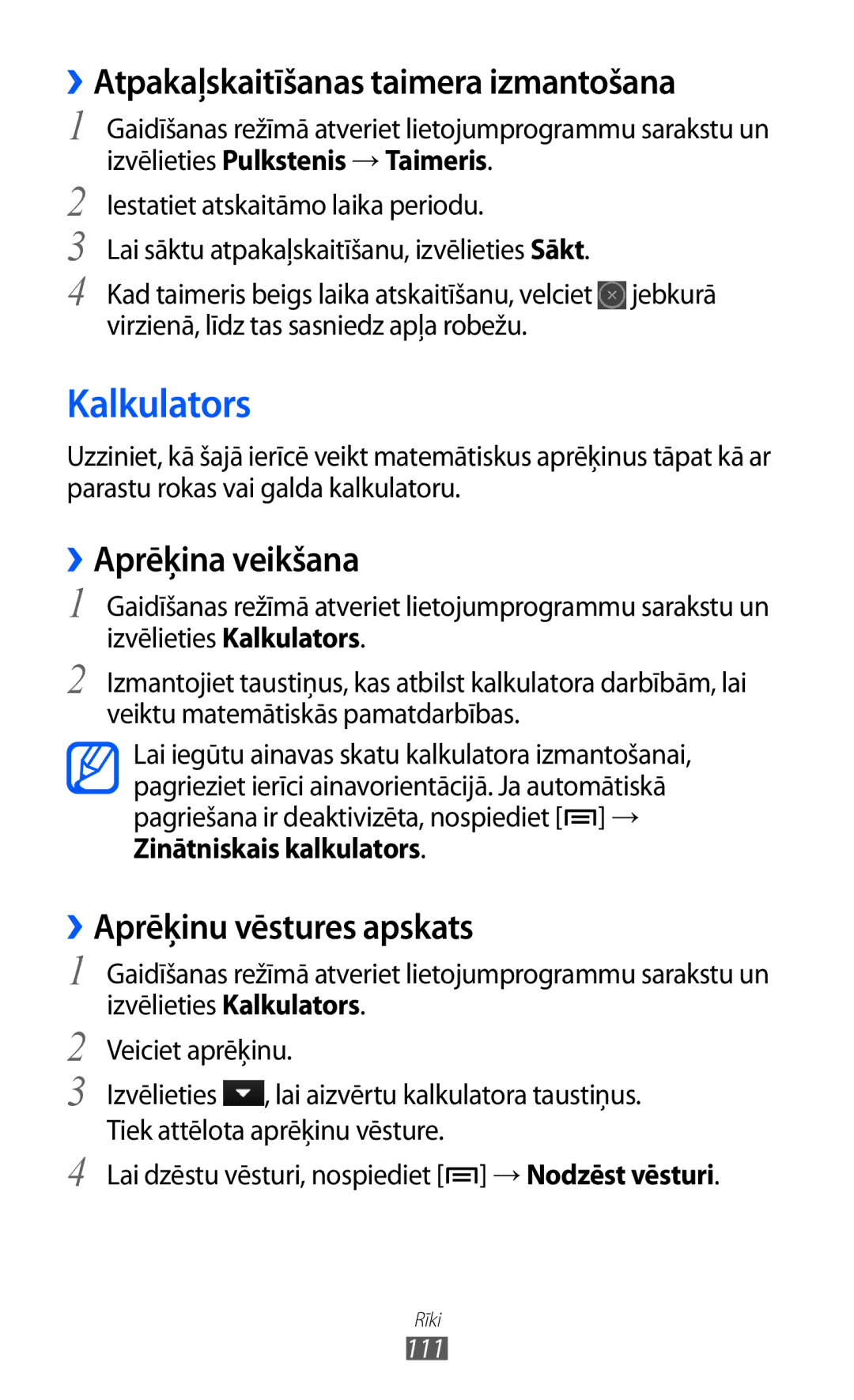 Samsung GT-S6500ZYDSEB, GT-S6500RWDSEB Kalkulators, ››Atpakaļskaitīšanas taimera izmantošana, ››Aprēķina veikšana, 111 