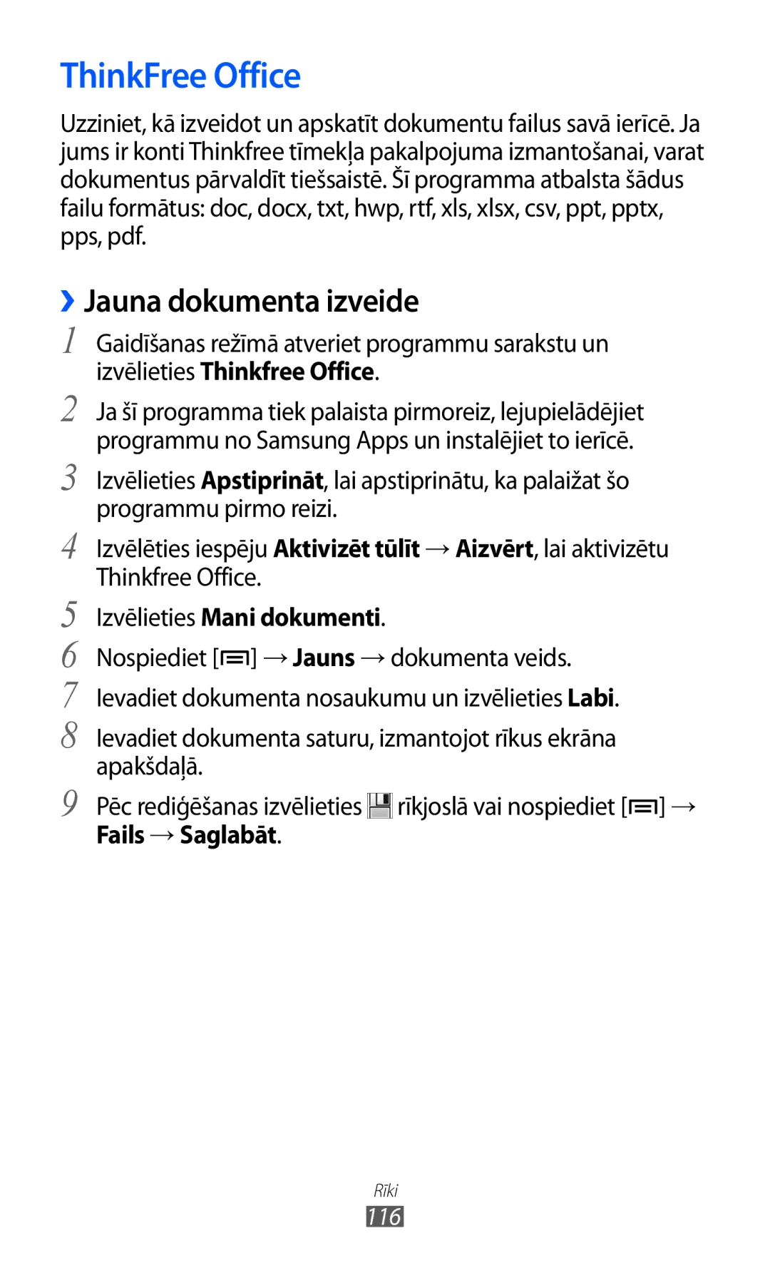 Samsung GT-S6500RWDSEB manual ThinkFree Office, ››Jauna dokumenta izveide, Izvēlieties Mani dokumenti, Fails → Saglabāt 