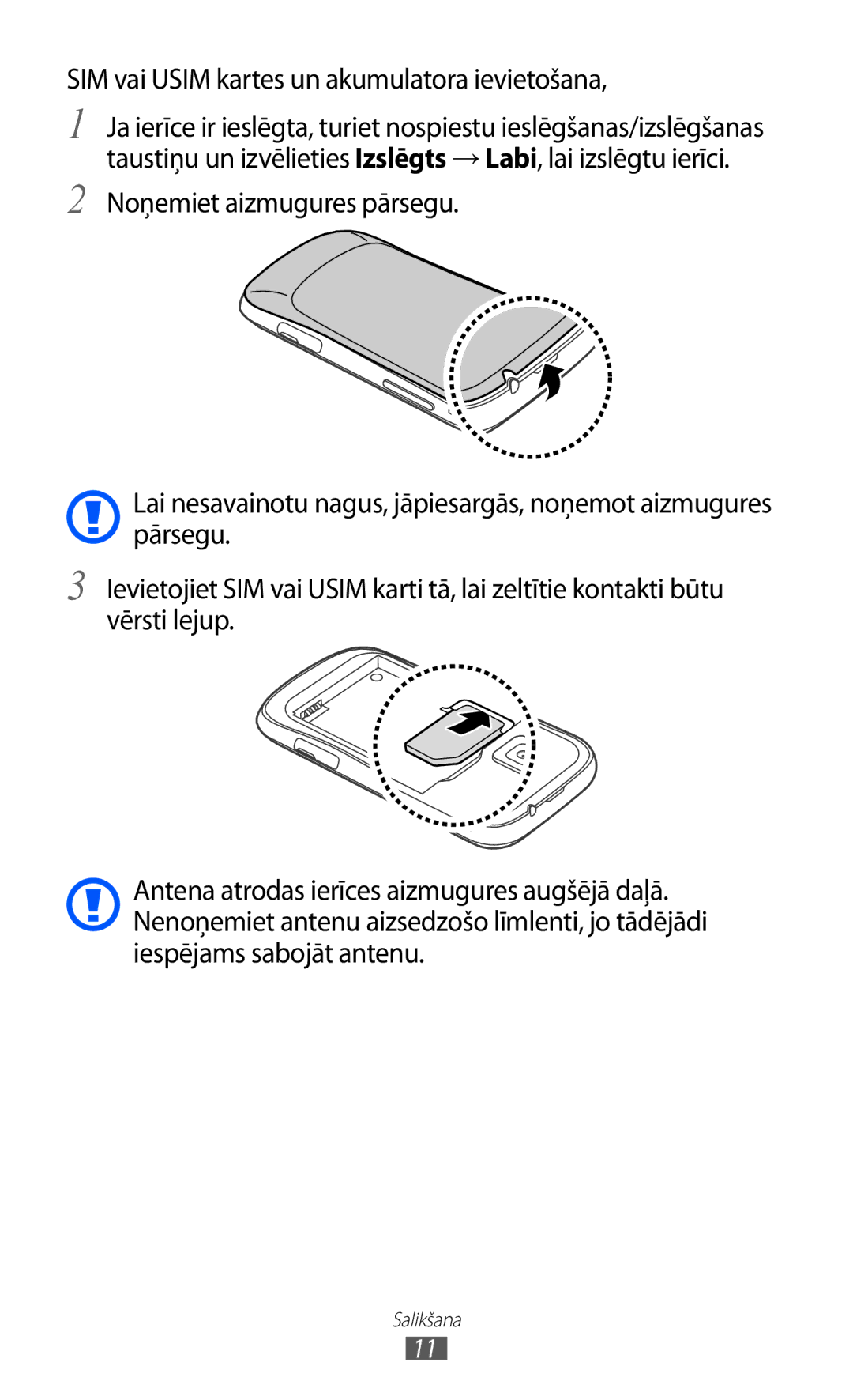 Samsung GT-S6500ZYDSEB, GT-S6500RWDSEB manual SIM vai Usim kartes un akumulatora ievietošana 