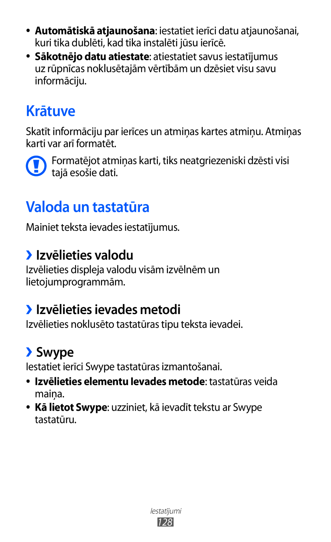 Samsung GT-S6500RWDSEB manual Krātuve, Valoda un tastatūra, ››Izvēlieties valodu, ››Izvēlieties ievades metodi, ››Swype 