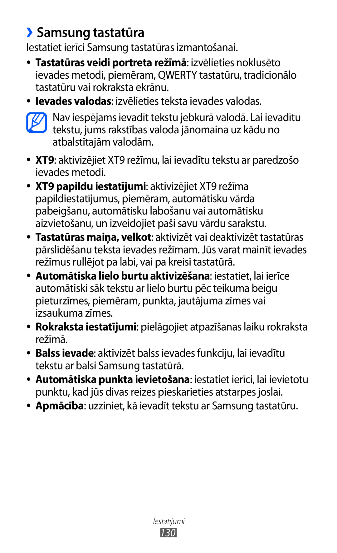 Samsung GT-S6500RWDSEB, GT-S6500ZYDSEB manual ››Samsung tastatūra, Iestatiet ierīci Samsung tastatūras izmantošanai, 130 