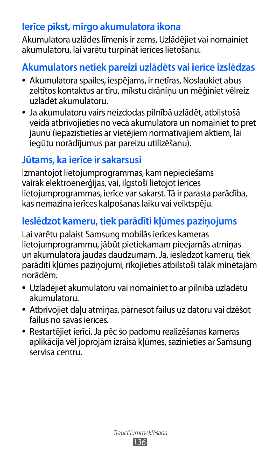 Samsung GT-S6500RWDSEB, GT-S6500ZYDSEB manual Ierīce pīkst, mirgo akumulatora ikona, 136 