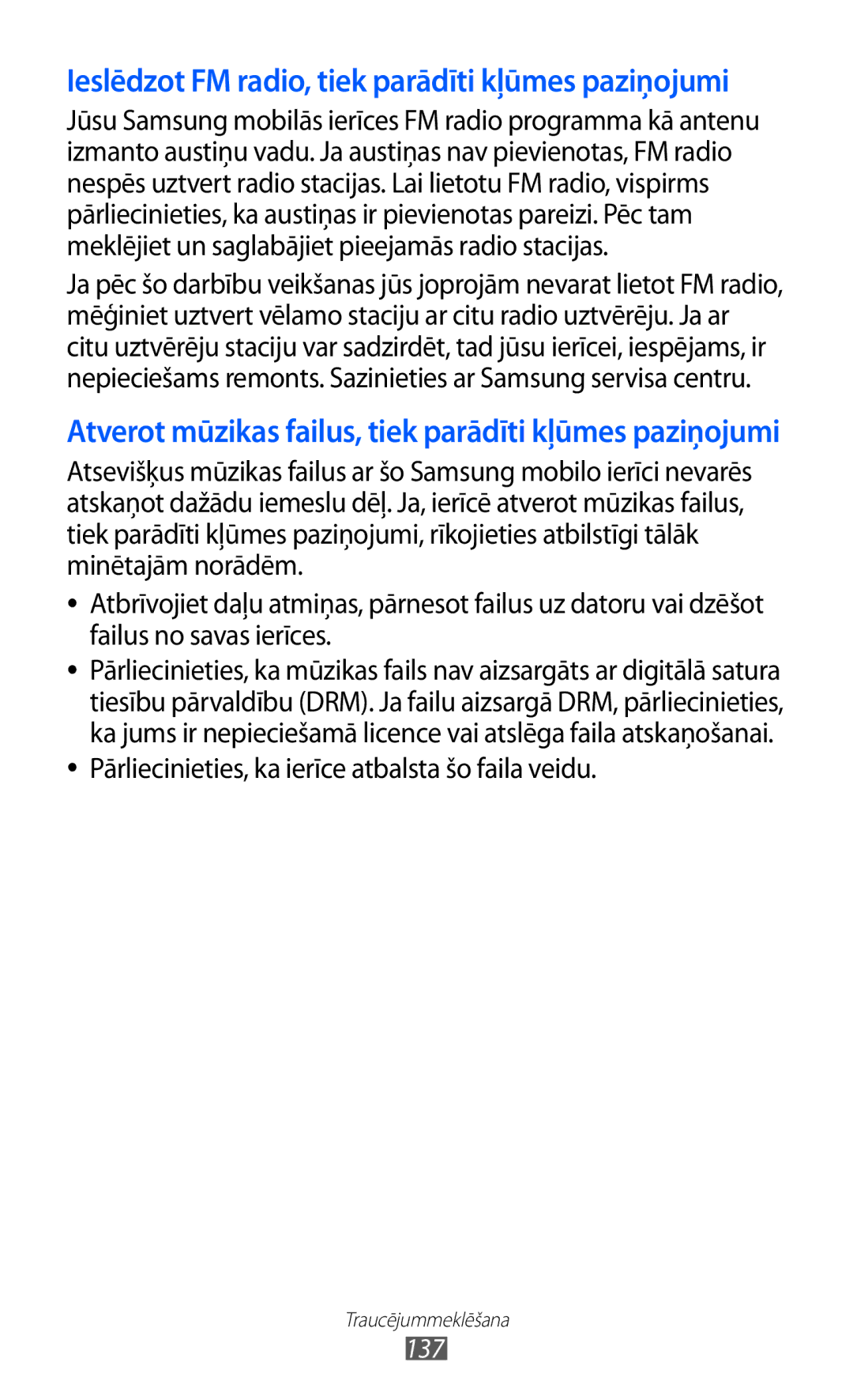 Samsung GT-S6500ZYDSEB, GT-S6500RWDSEB manual Pārliecinieties, ka ierīce atbalsta šo faila veidu, 137 