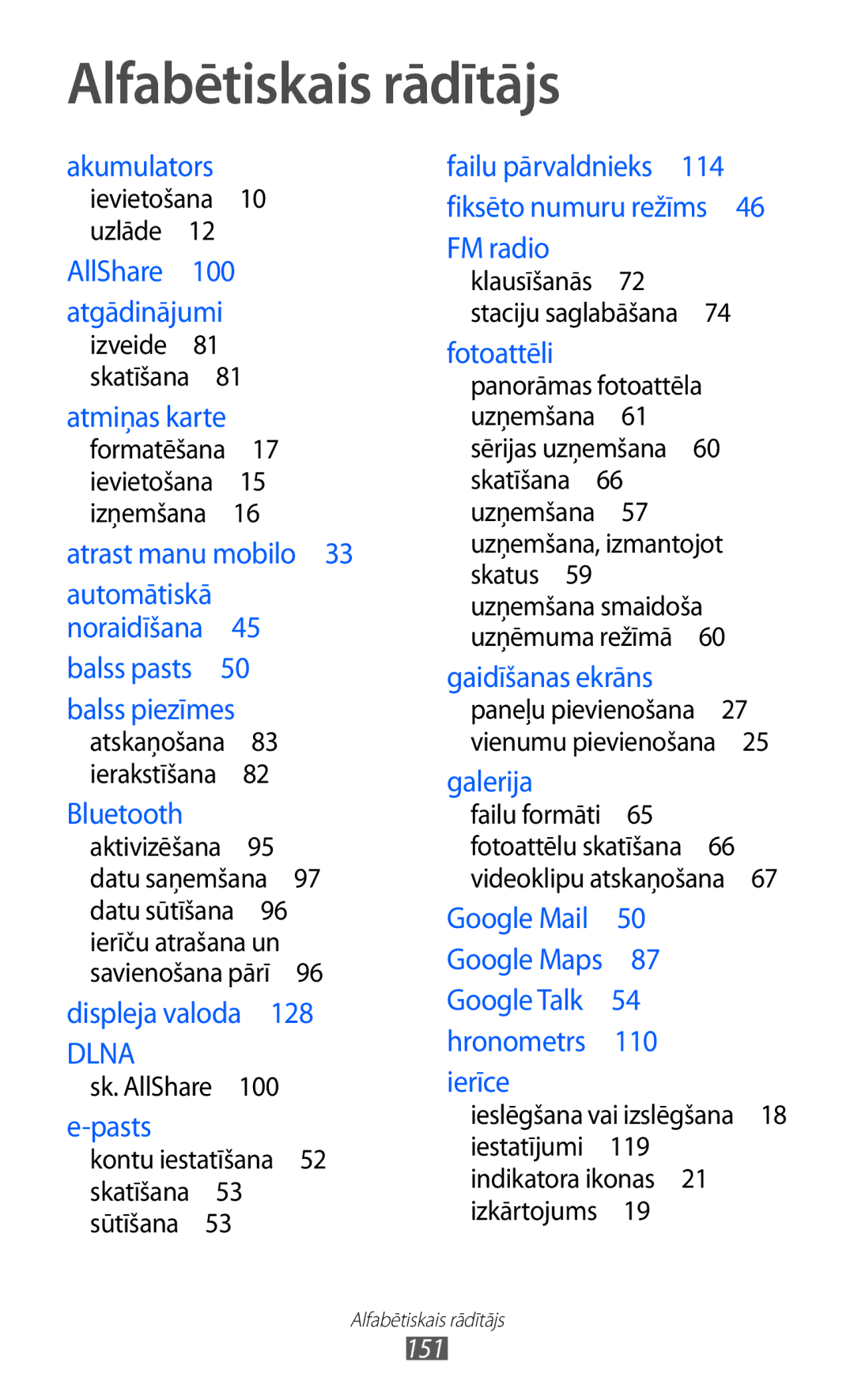 Samsung GT-S6500ZYDSEB, GT-S6500RWDSEB manual Alfabētiskais rādītājs, 151 