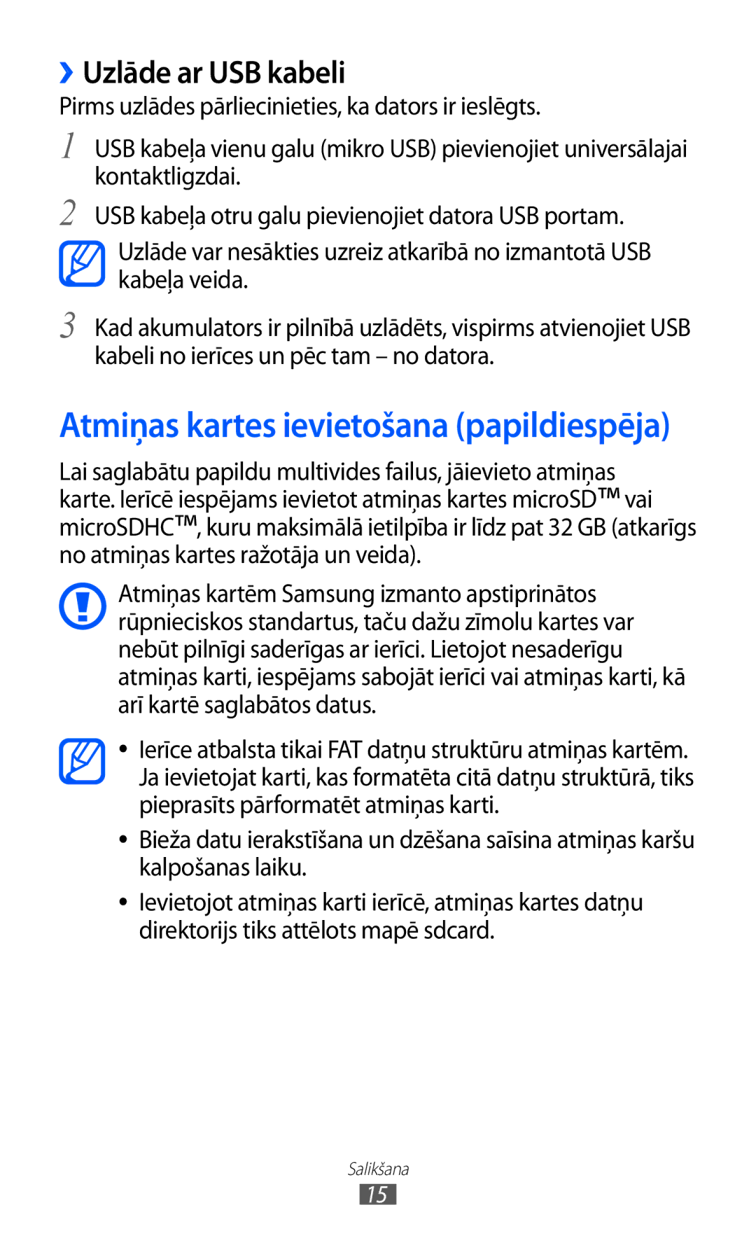 Samsung GT-S6500ZYDSEB, GT-S6500RWDSEB manual Atmiņas kartes ievietošana papildiespēja, ››Uzlāde ar USB kabeli 