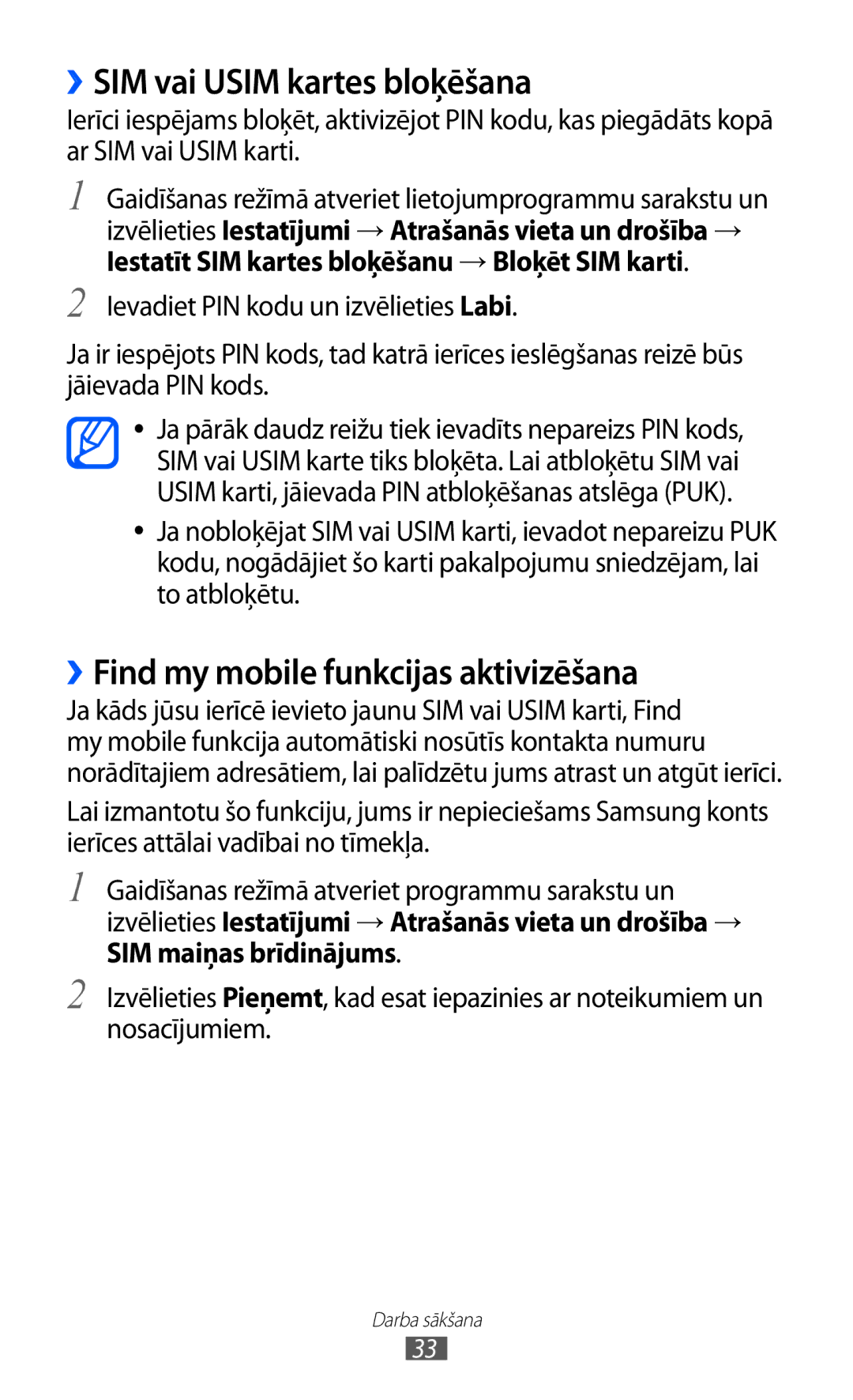 Samsung GT-S6500ZYDSEB, GT-S6500RWDSEB manual ››SIM vai Usim kartes bloķēšana, ››Find my mobile funkcijas aktivizēšana 