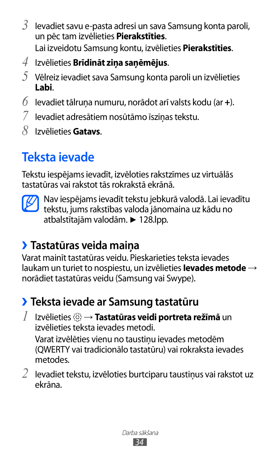 Samsung GT-S6500RWDSEB, GT-S6500ZYDSEB manual ››Tastatūras veida maiņa, ››Teksta ievade ar Samsung tastatūru, Labi 