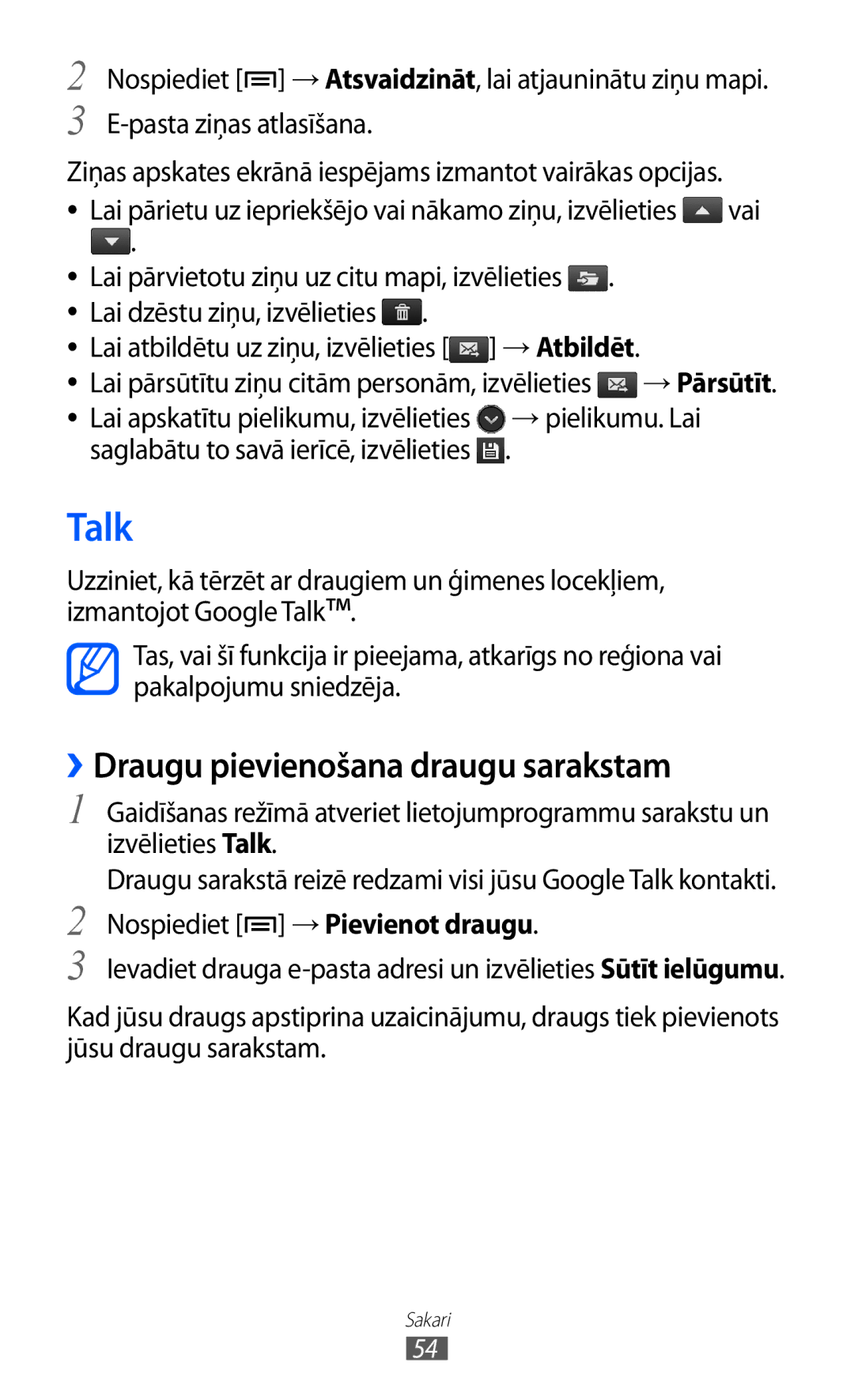 Samsung GT-S6500RWDSEB manual Talk, ››Draugu pievienošana draugu sarakstam, → Pārsūtīt, Nospiediet → Pievienot draugu 