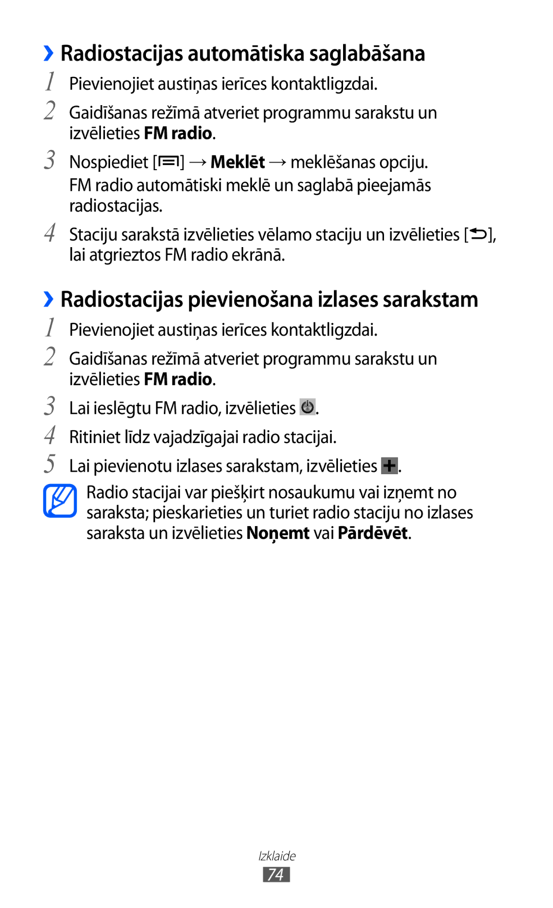 Samsung GT-S6500RWDSEB manual ››Radiostacijas automātiska saglabāšana, Lai pievienotu izlases sarakstam, izvēlieties 