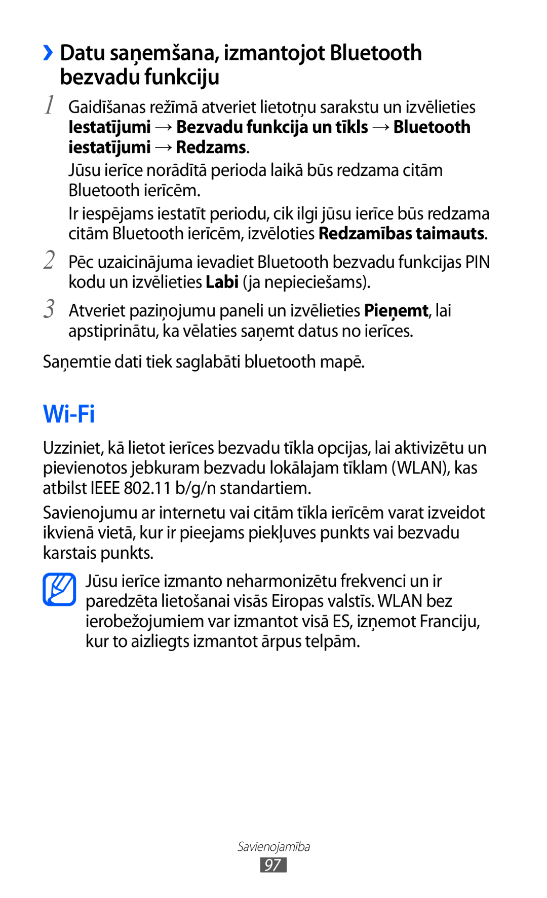 Samsung GT-S6500ZYDSEB, GT-S6500RWDSEB manual Wi-Fi, ››Datu saņemšana, izmantojot Bluetooth bezvadu funkciju 