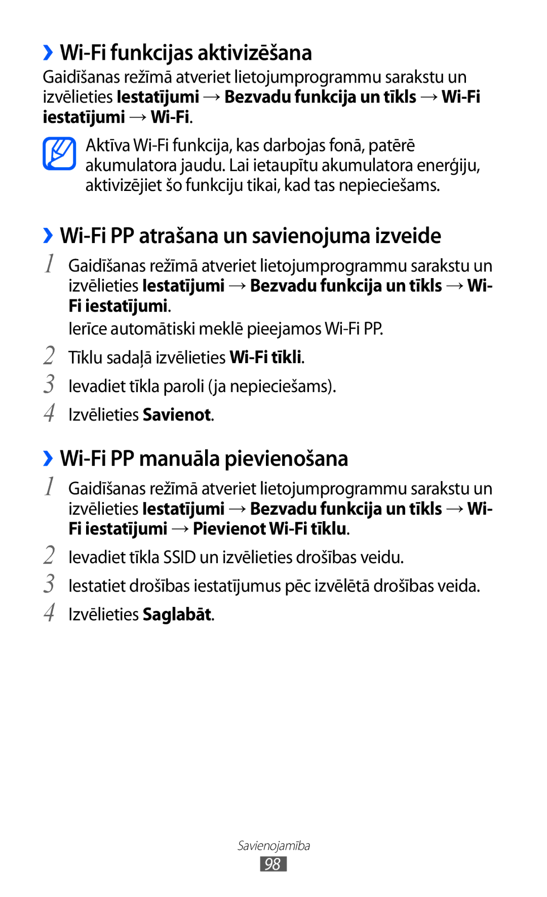 Samsung GT-S6500RWDSEB, GT-S6500ZYDSEB manual ››Wi-Fi funkcijas aktivizēšana, ››Wi-Fi PP atrašana un savienojuma izveide 