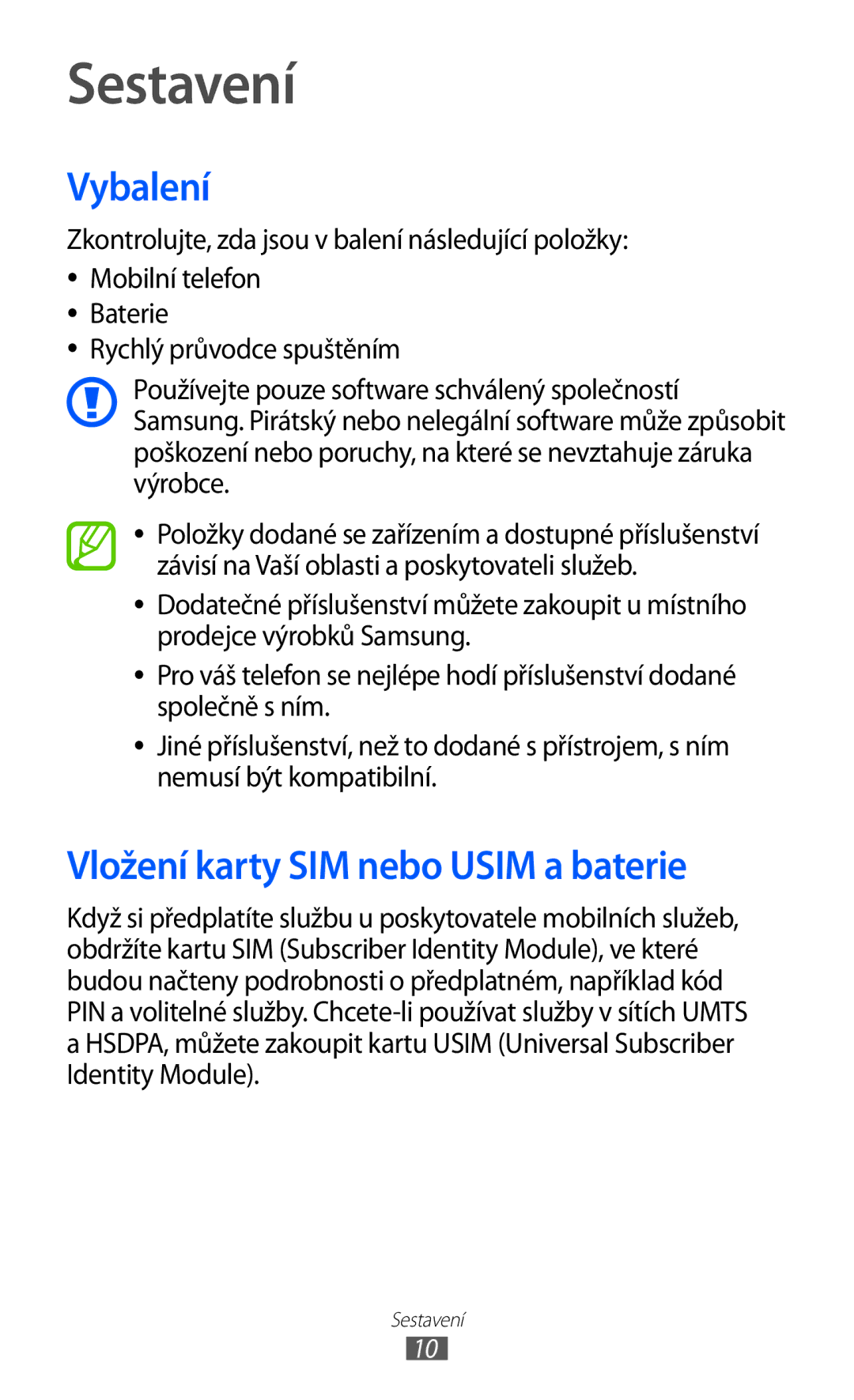 Samsung GT-S6500XKATPL, GT-S6500ZYDXEO, GT-S6500XKASWR manual Sestavení, Vybalení, Vložení karty SIM nebo Usim a baterie 