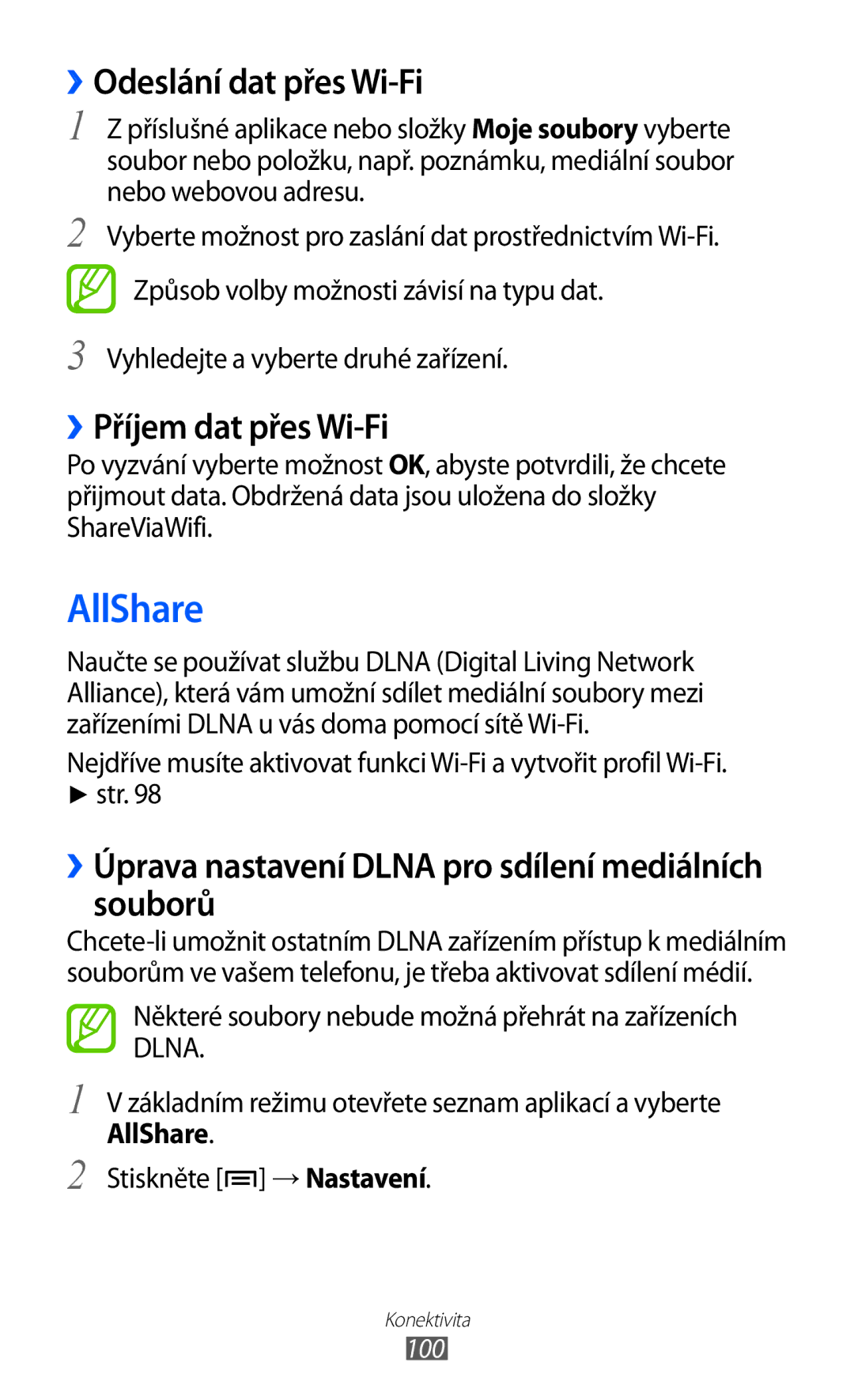 Samsung GT2S6500RWAORX, GT-S6500ZYDXEO, GT-S6500XKASWR manual AllShare, ››Odeslání dat přes Wi-Fi, ››Příjem dat přes Wi-Fi 