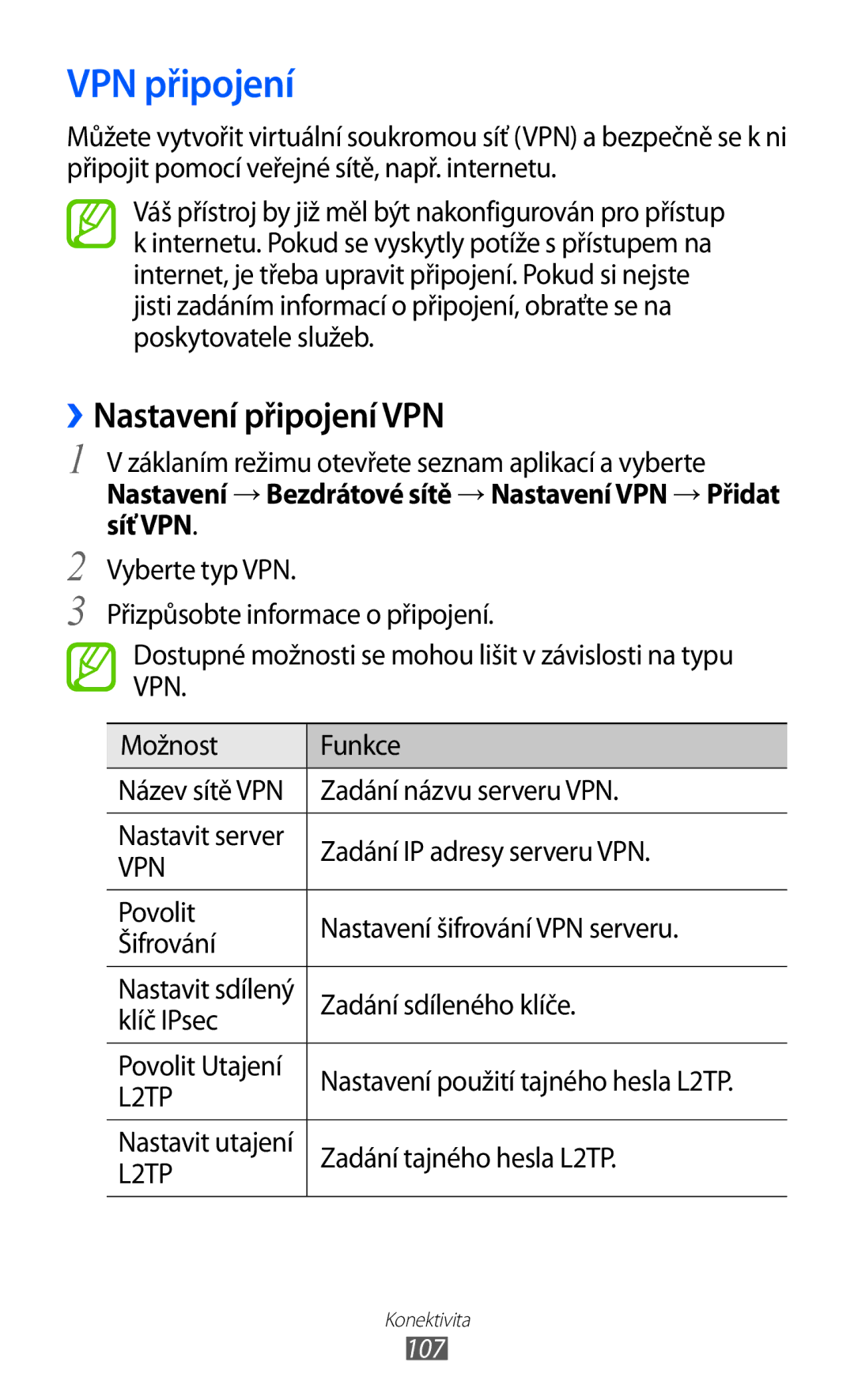 Samsung GT2S6500XKAVDC, GT-S6500ZYDXEO, GT-S6500XKASWR, GT2S6500ZYATMZ manual VPN připojení, ››Nastavení připojení VPN 