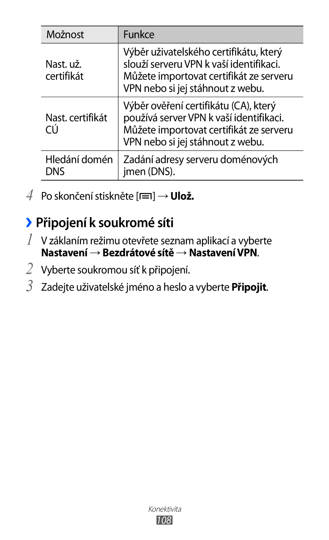 Samsung GT-S6500XKAVDC, GT-S6500ZYDXEO manual ››Připojení k soukromé síti, Nastavení → Bezdrátové sítě → Nastavení VPN 