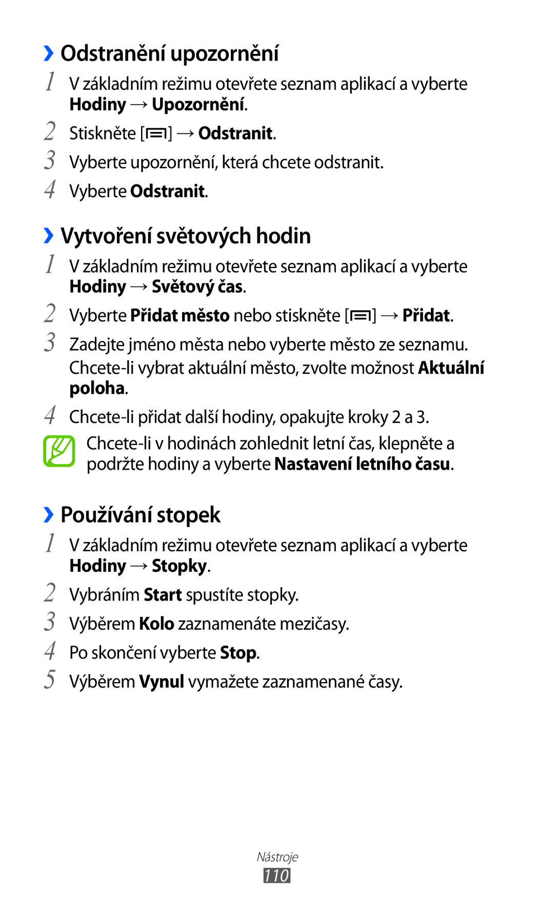 Samsung GT-S6500ZOAO2C manual ››Odstranění upozornění, ››Vytvoření světových hodin, ››Používání stopek, Hodiny → Upozornění 