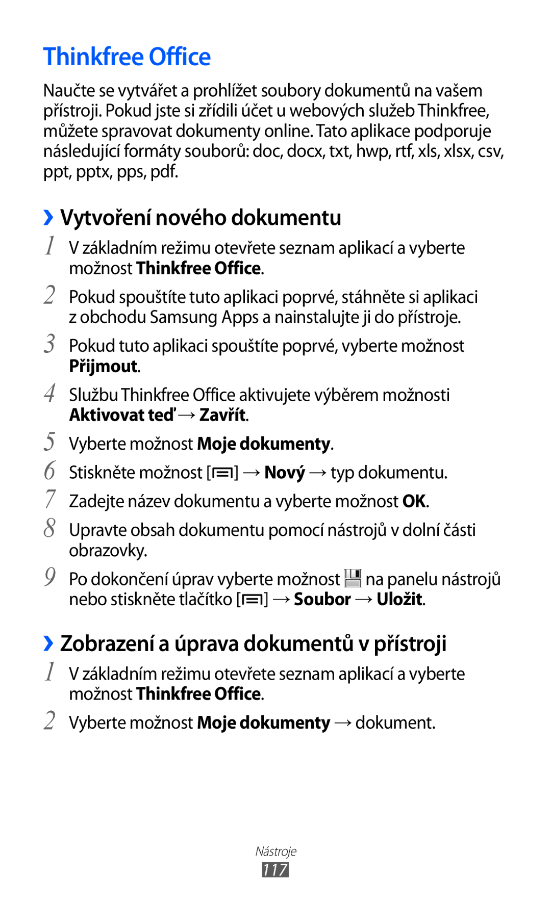 Samsung GT2S6500XKAXSK Thinkfree Office, ››Vytvoření nového dokumentu, ››Zobrazení a úprava dokumentů v přístroji, 117 