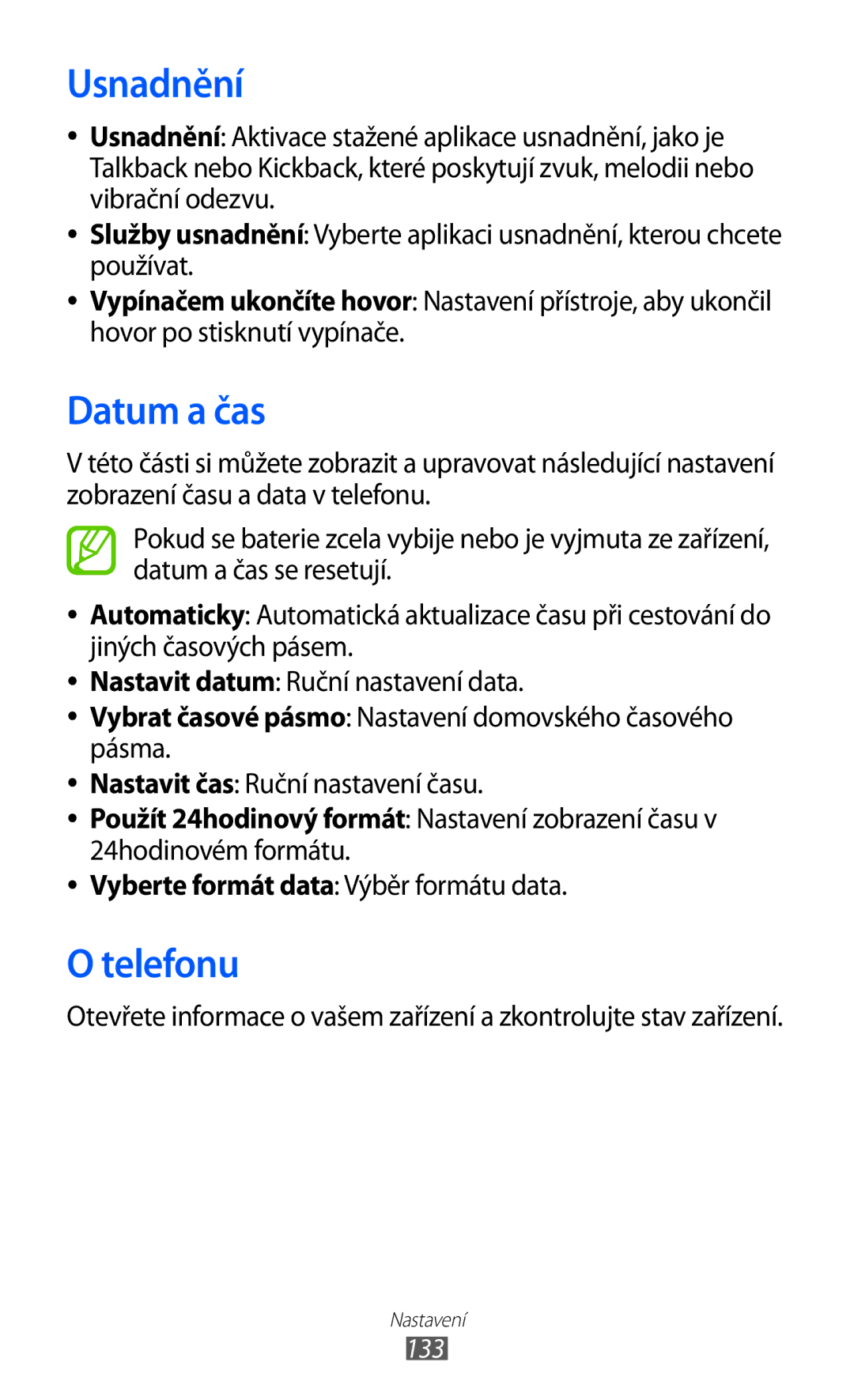 Samsung GT-S6500XKAORS, GT-S6500ZYDXEO manual Usnadnění, Datum a čas, Telefonu, Vyberte formát data Výběr formátu data, 133 