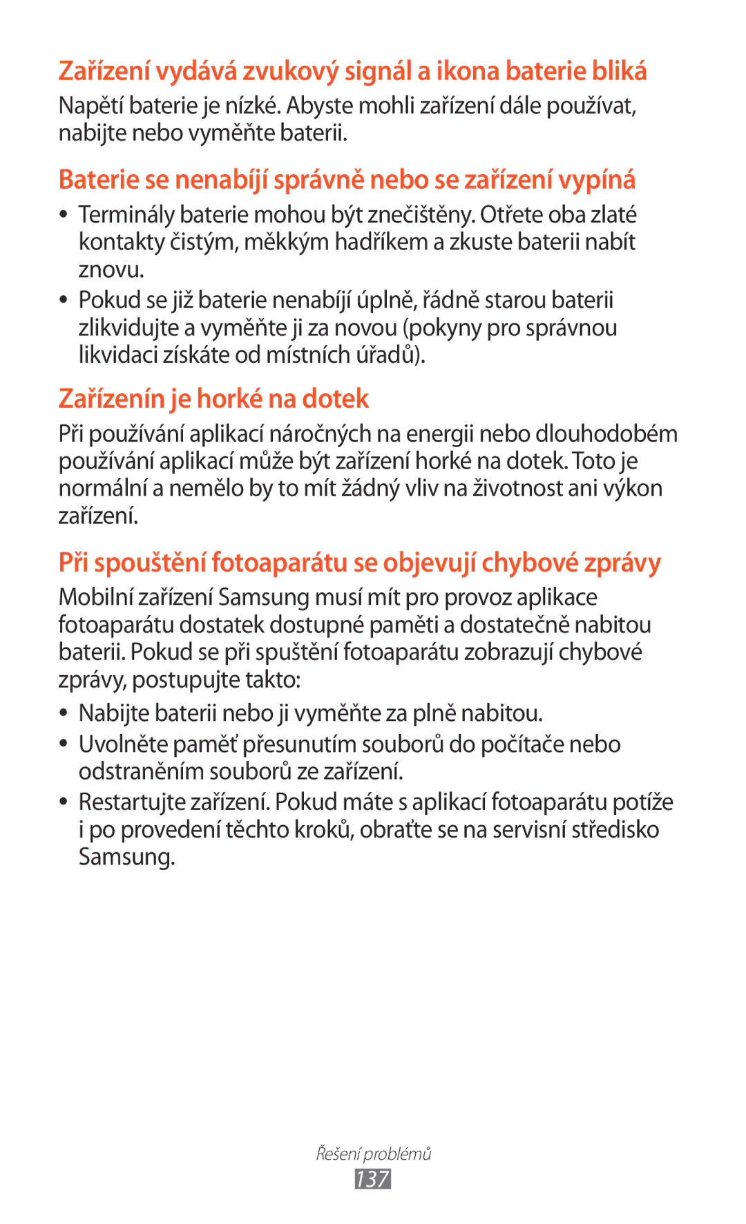 Samsung GT-S6500XKAMAX, GT-S6500ZYDXEO, GT-S6500XKASWR manual Zařízení vydává zvukový signál a ikona baterie bliká, 137 